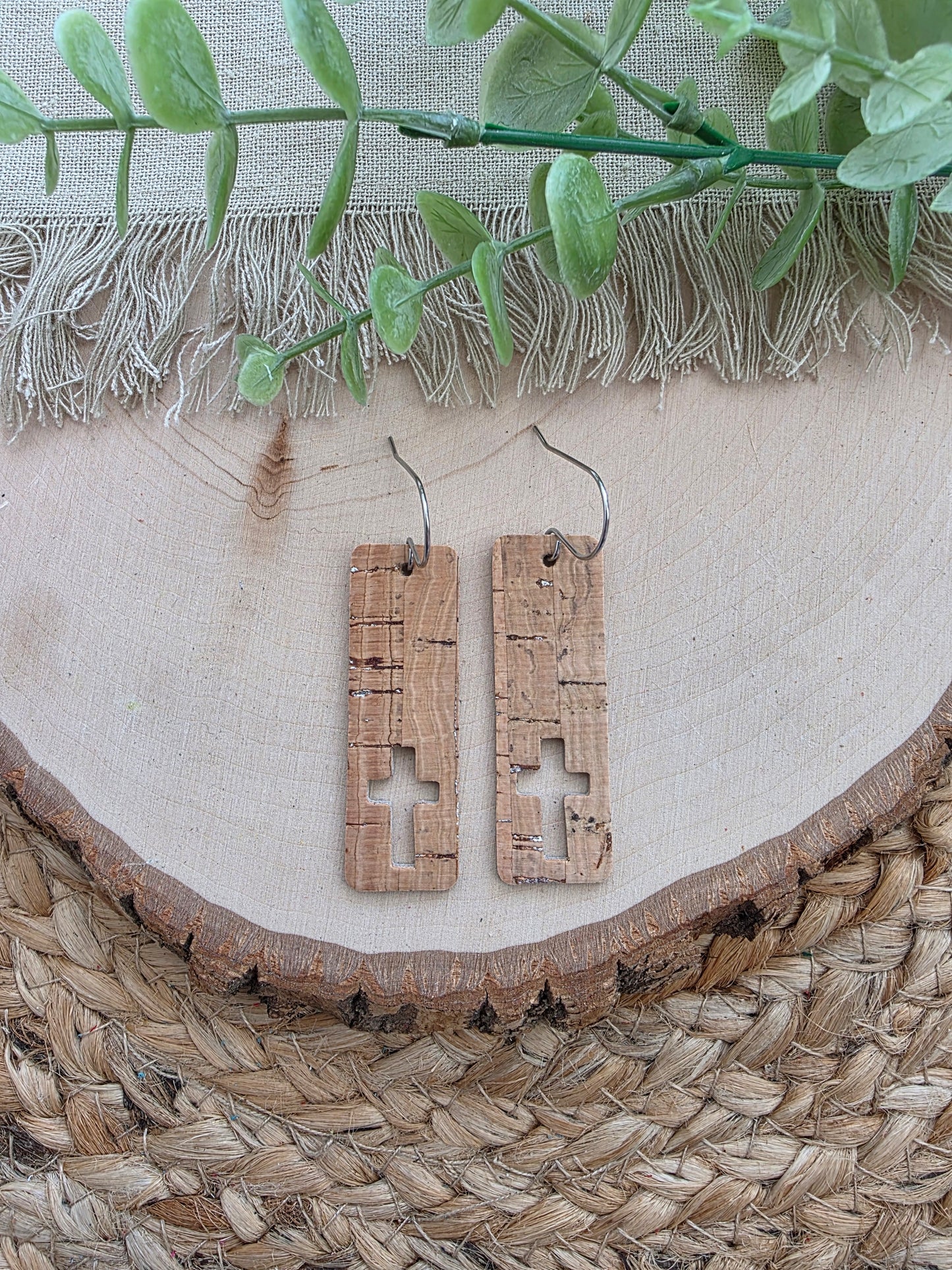 Natural Cork Silver Cross Cutout Bar Earrings