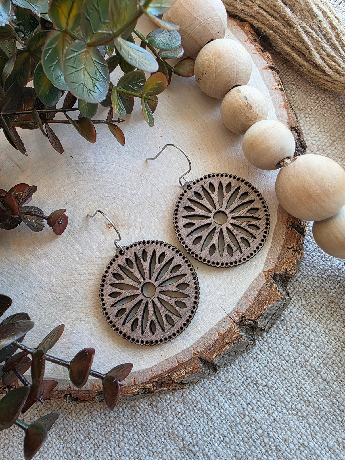 Intricate Radial Round Wood Earrings
