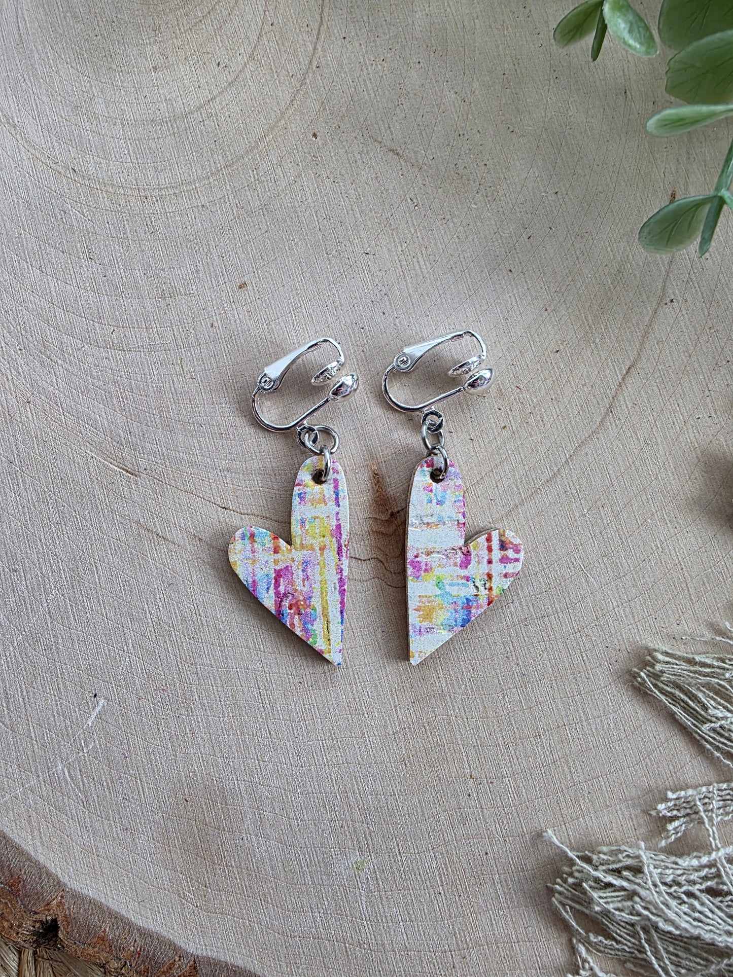 Watercolor Heart Clip On Earrings