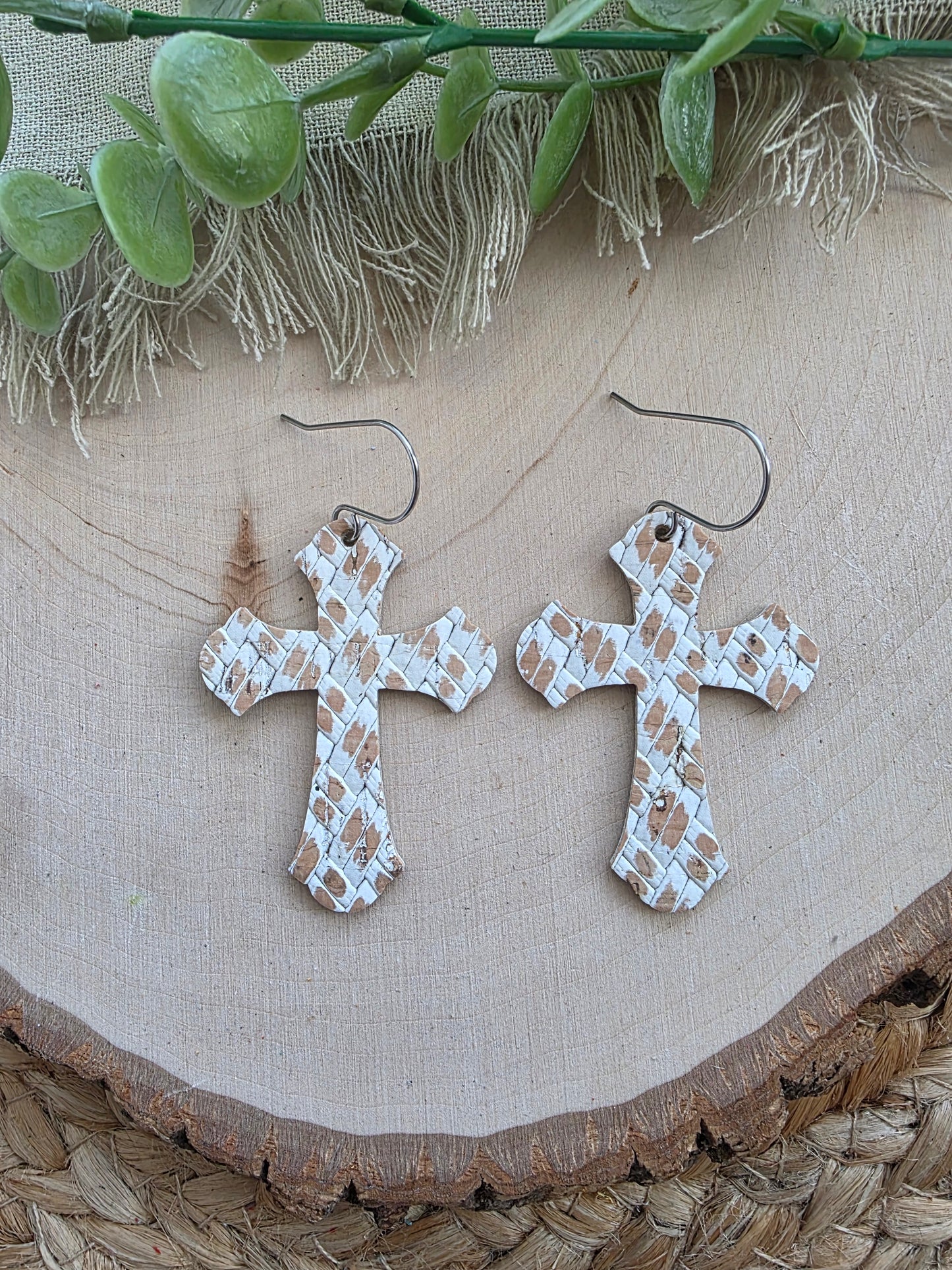 Whitewashed Basketweave Cross Earrings