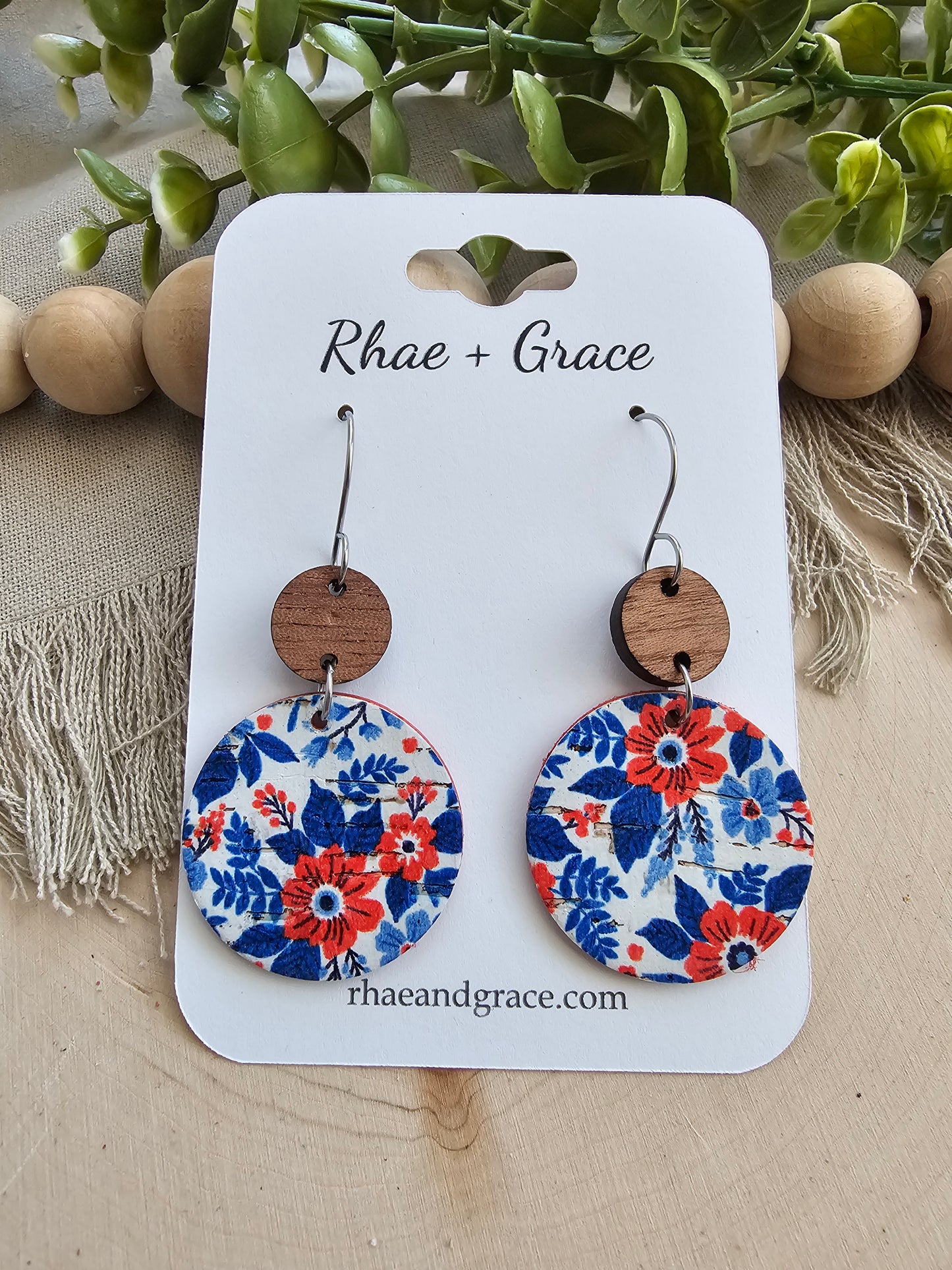 Red, White & Blue Floral Circle Drop Earrings