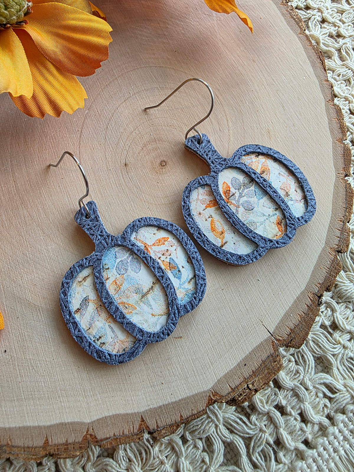 Whimsy Gray Blue Floral Pumpkin Earrings