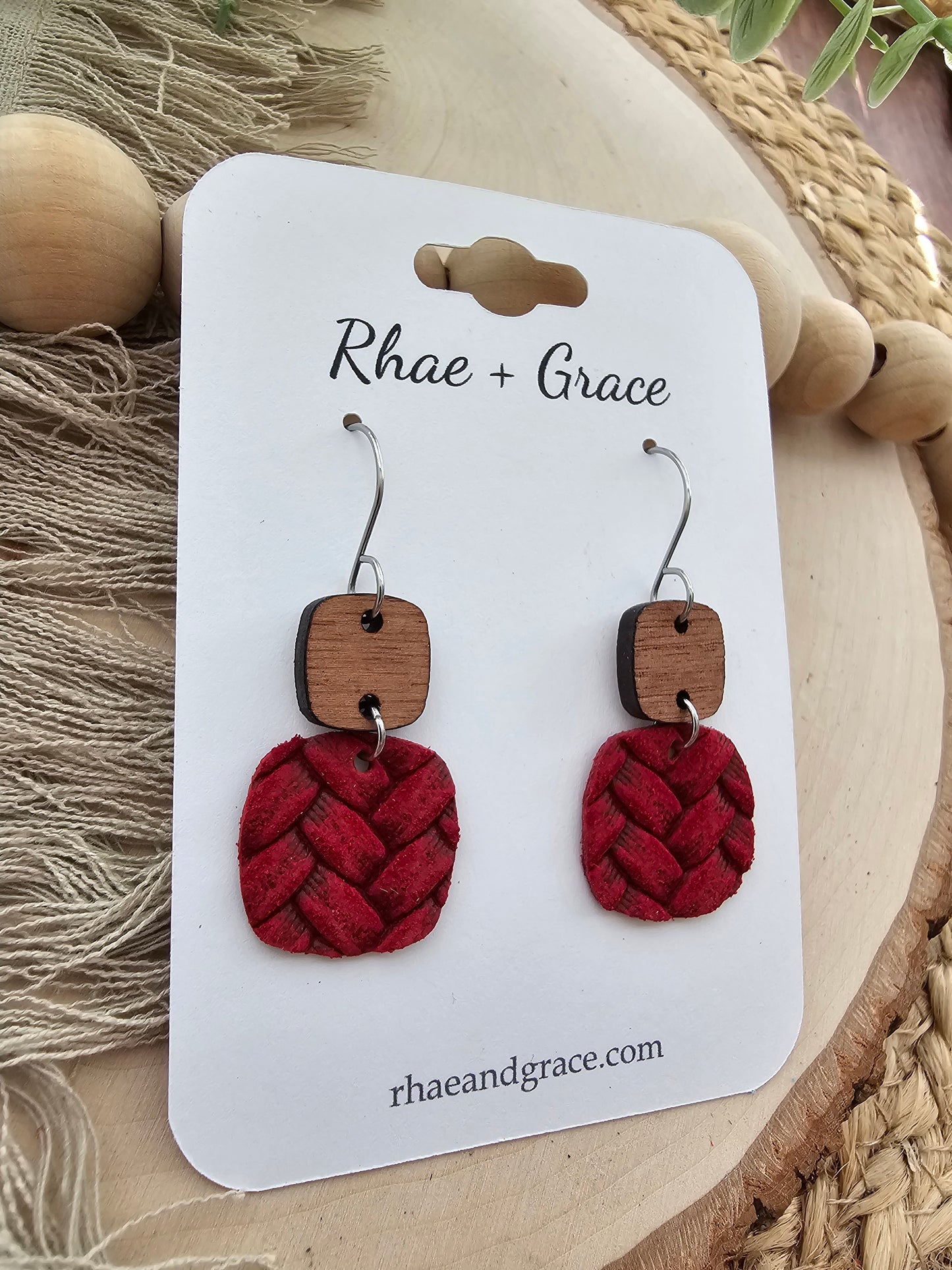 Red Embossed Braid Rounded Square Earrings