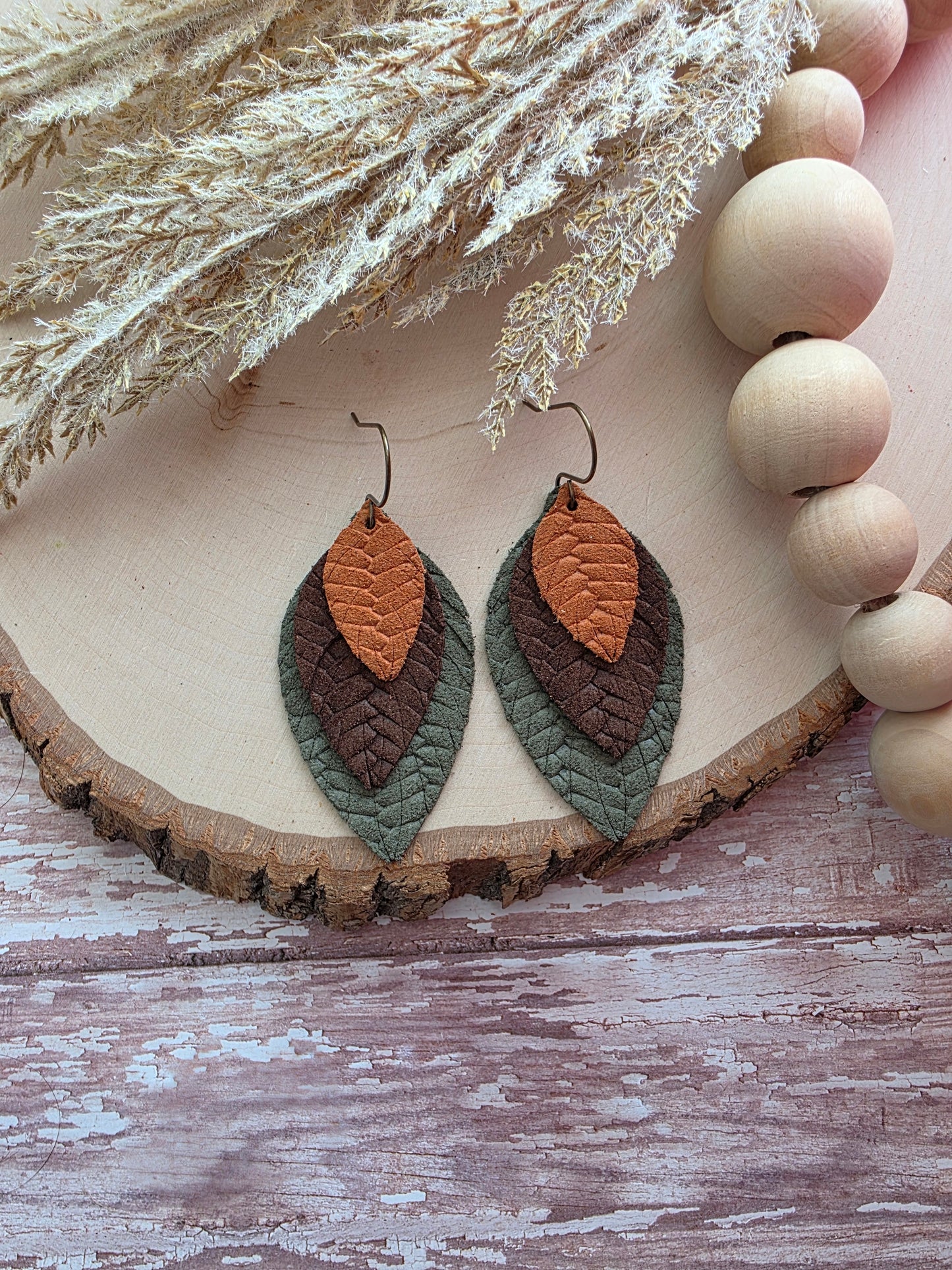 Green & Brown Layered Fringe Feather Earrings