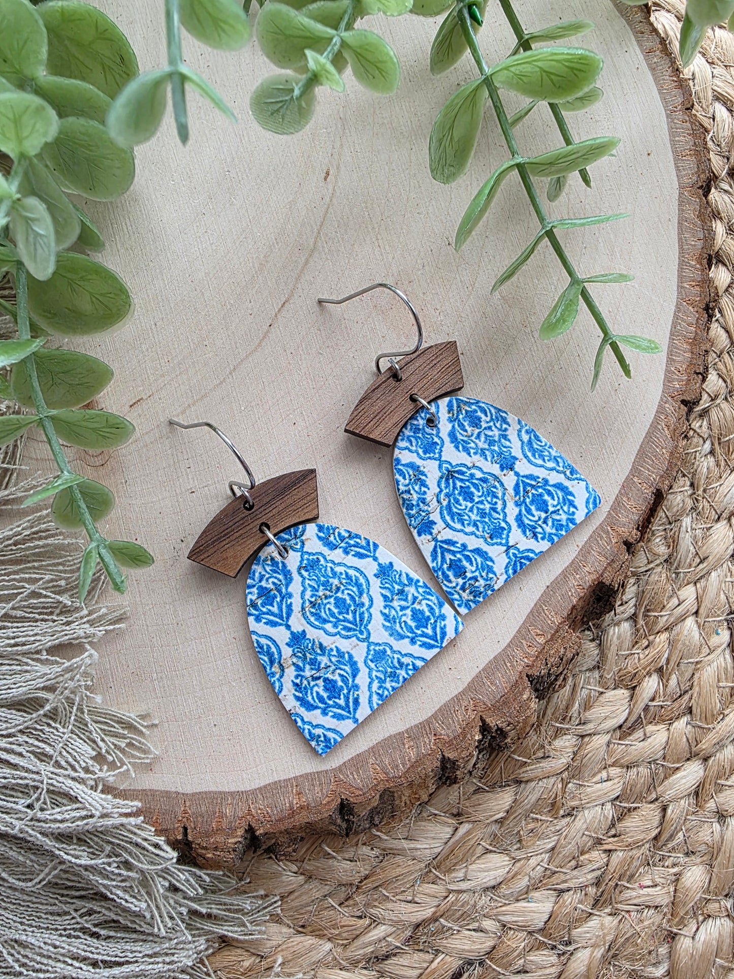 Blue & White Boho Tiles Closed Arch Earrings