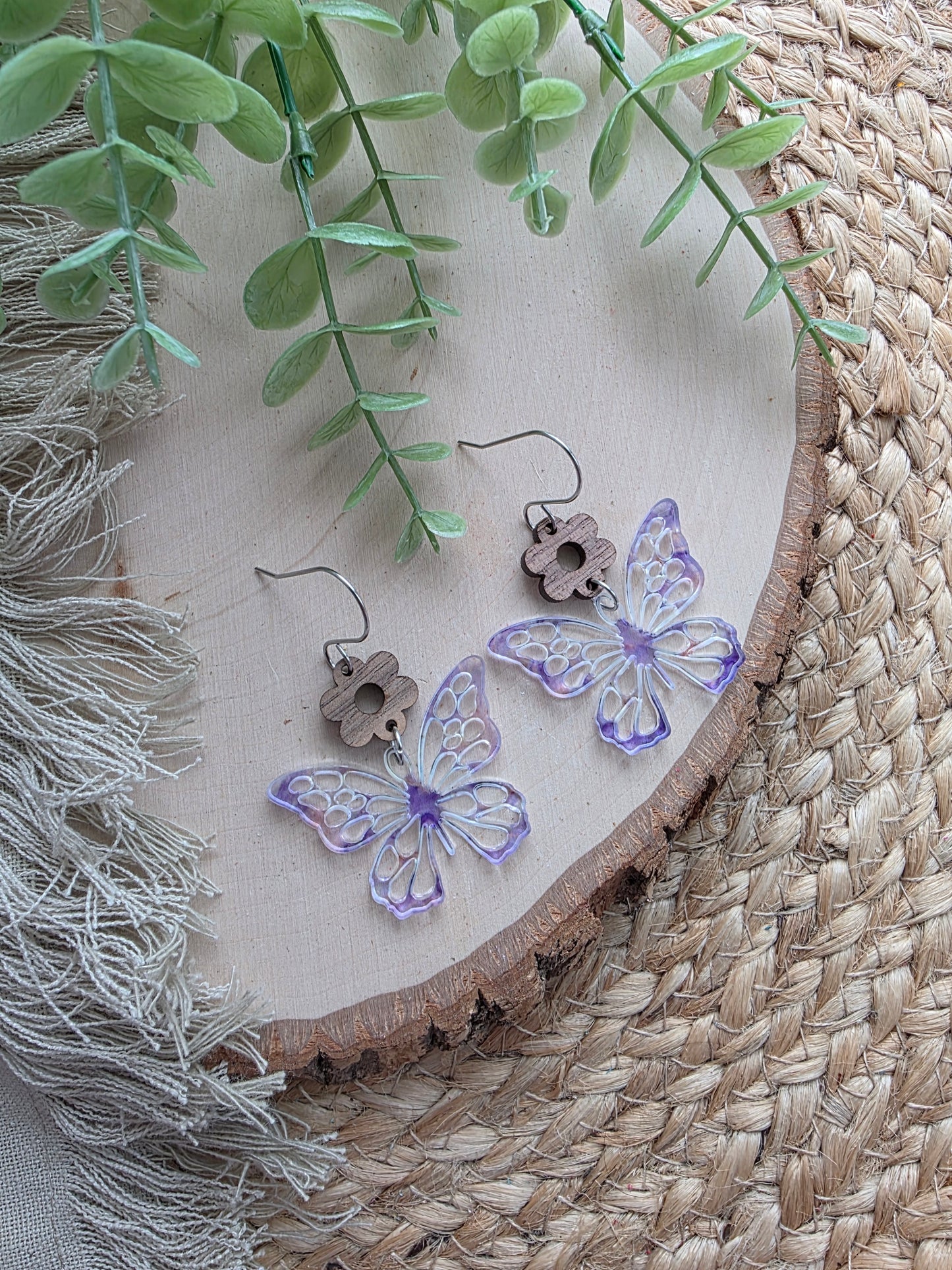 Purple Butterfly Acrylic & Wood Earrings