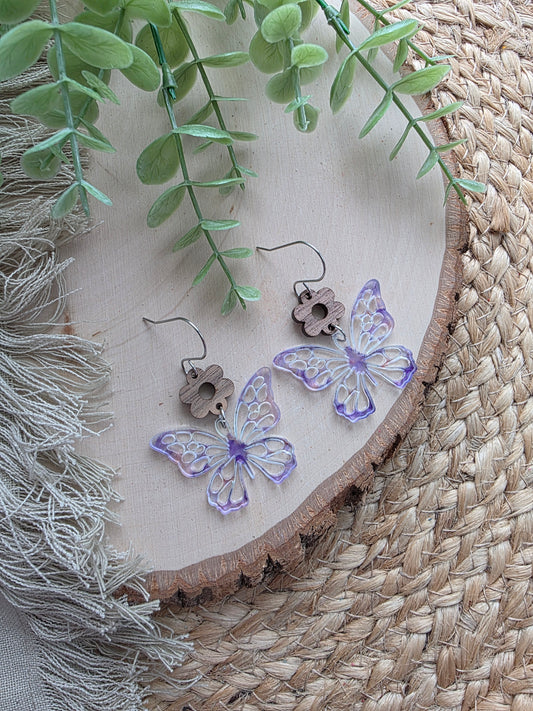 Purple Butterfly Acrylic & Wood Earrings