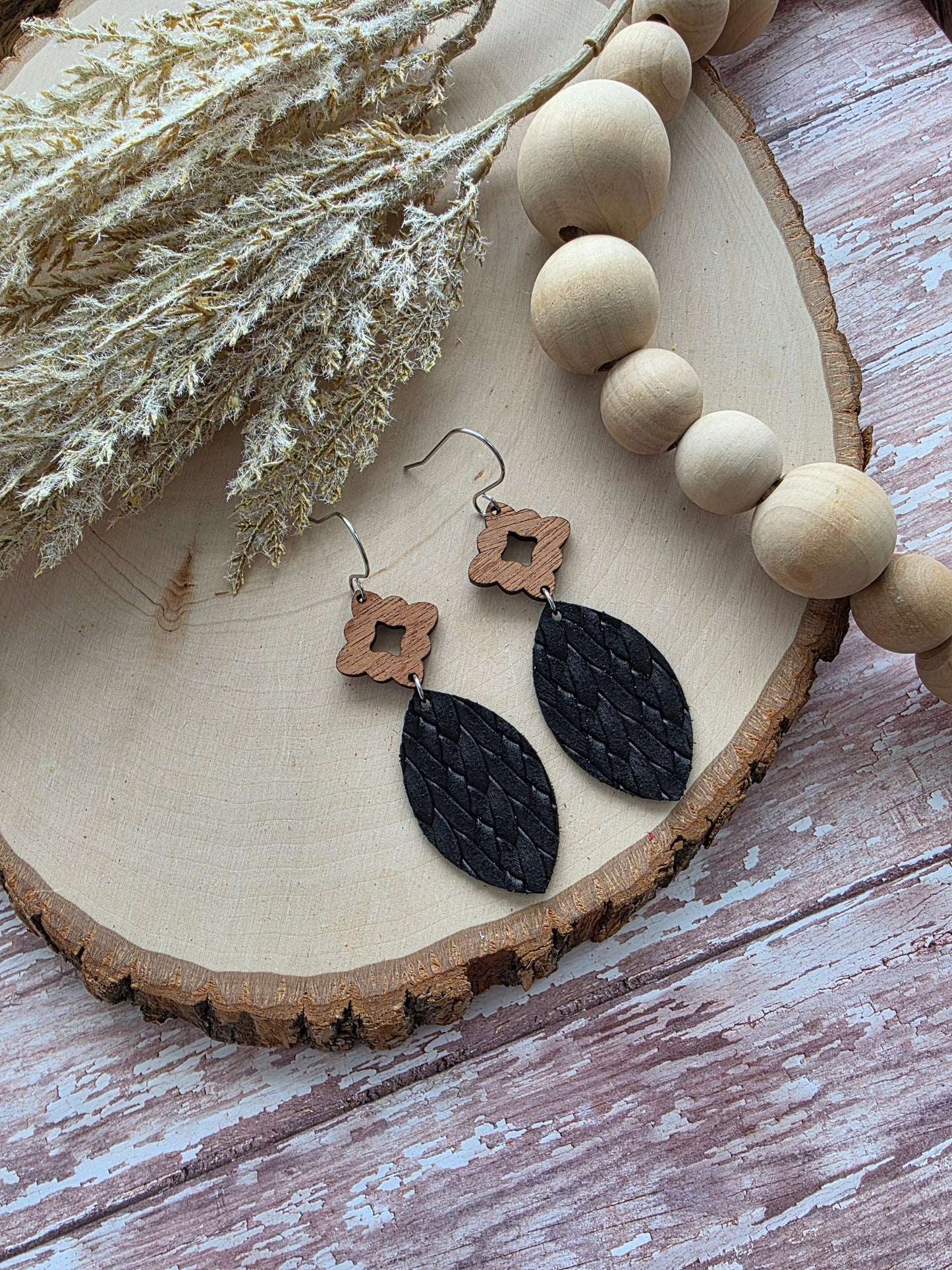 Black Leather Leaf Earrings