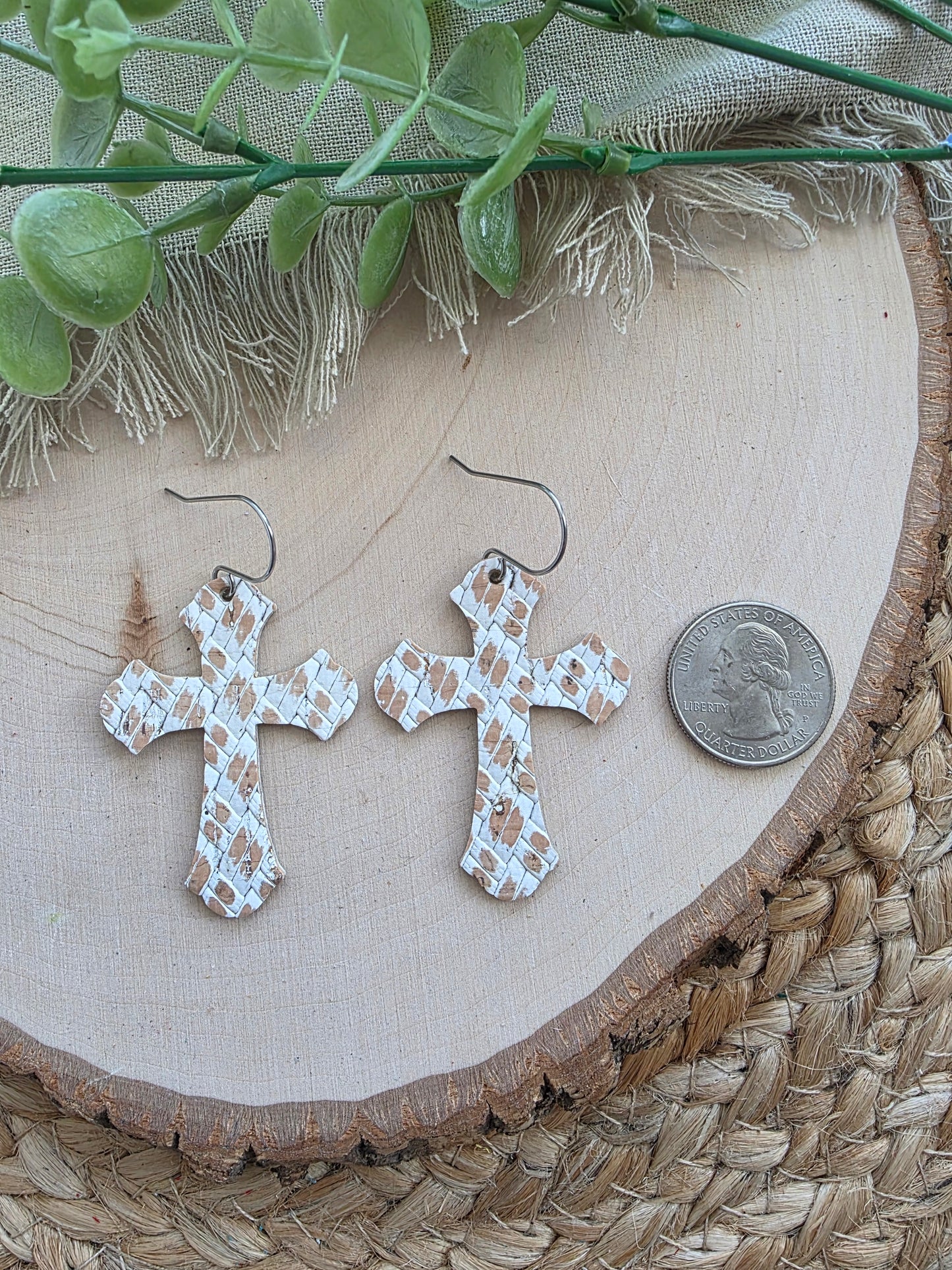 Whitewashed Basketweave Cross Earrings