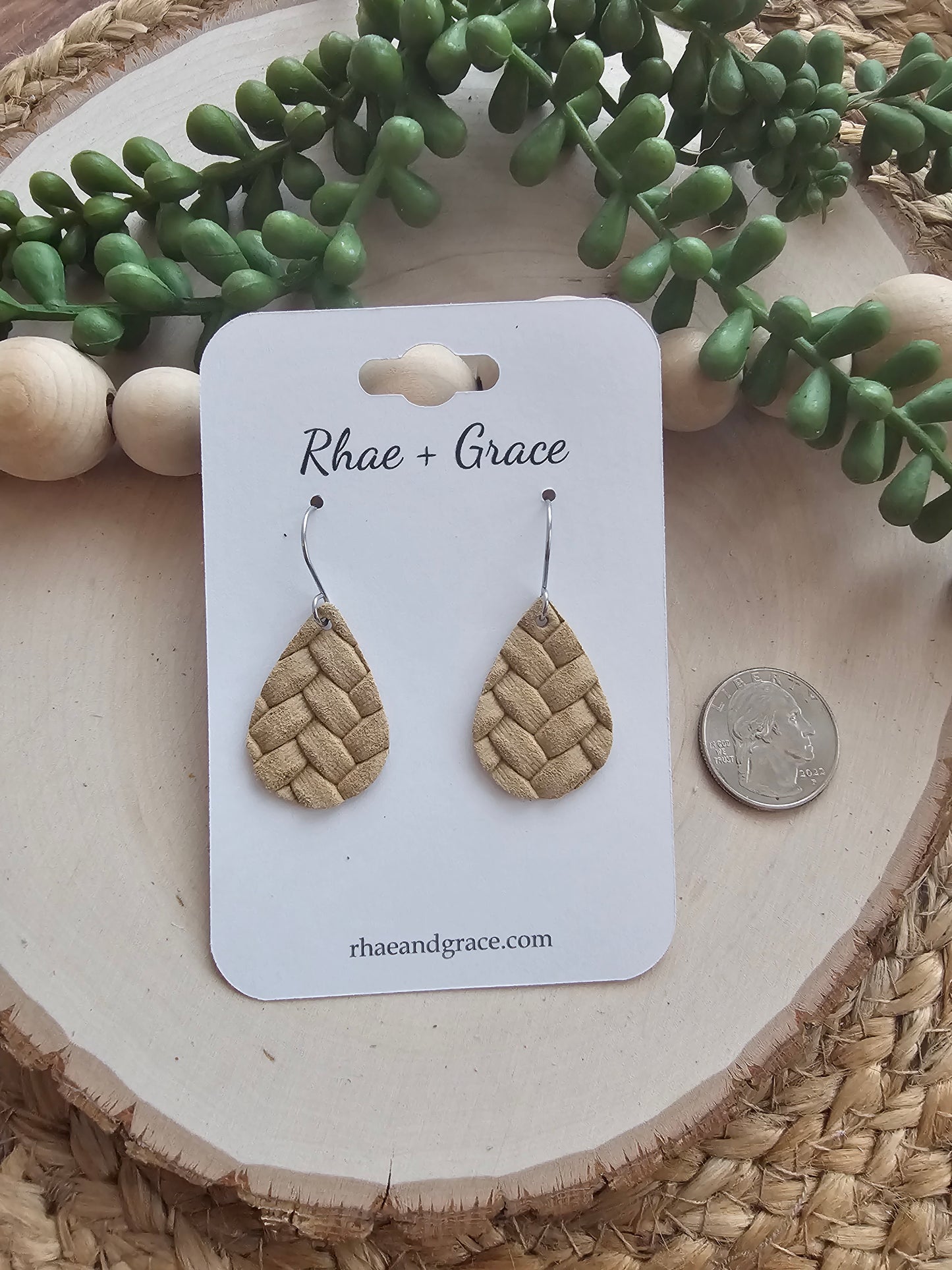 Sand Tan Box Braid Teardrop Earrings - Small