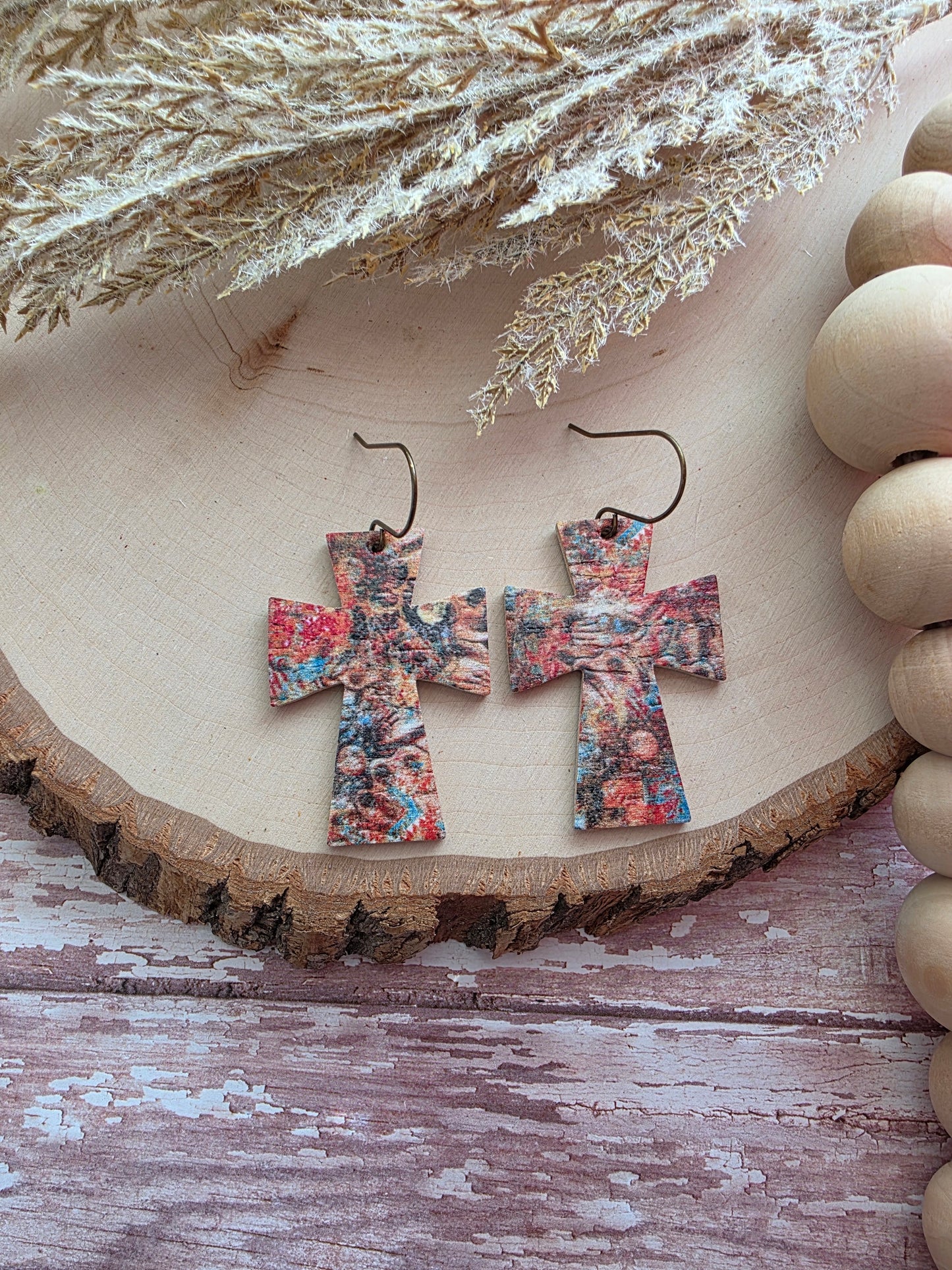 Rustic Autumn Dye Cross Earrings