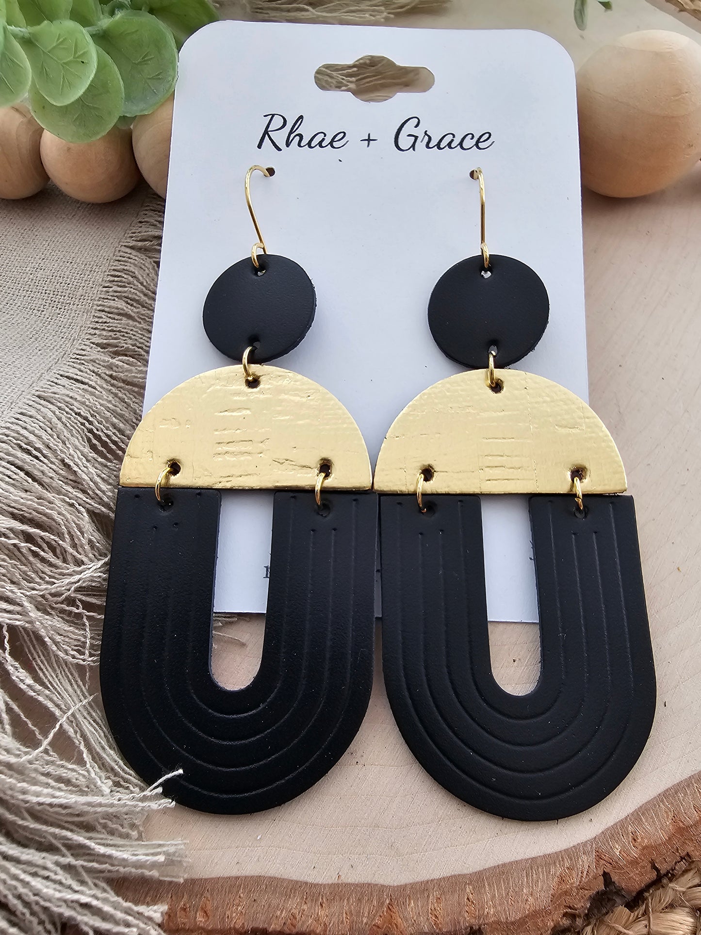 Black & Gold Embossed Extra Large "U" Earrings