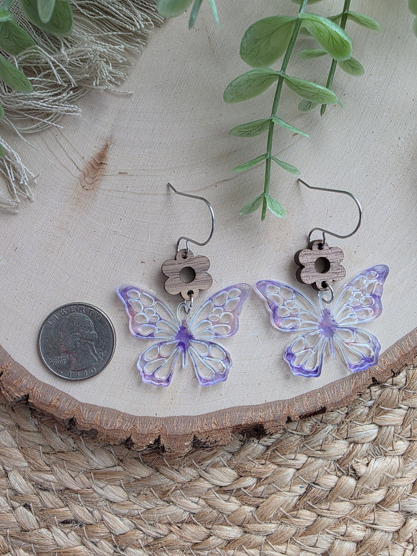 Purple Butterfly Acrylic & Wood Earrings