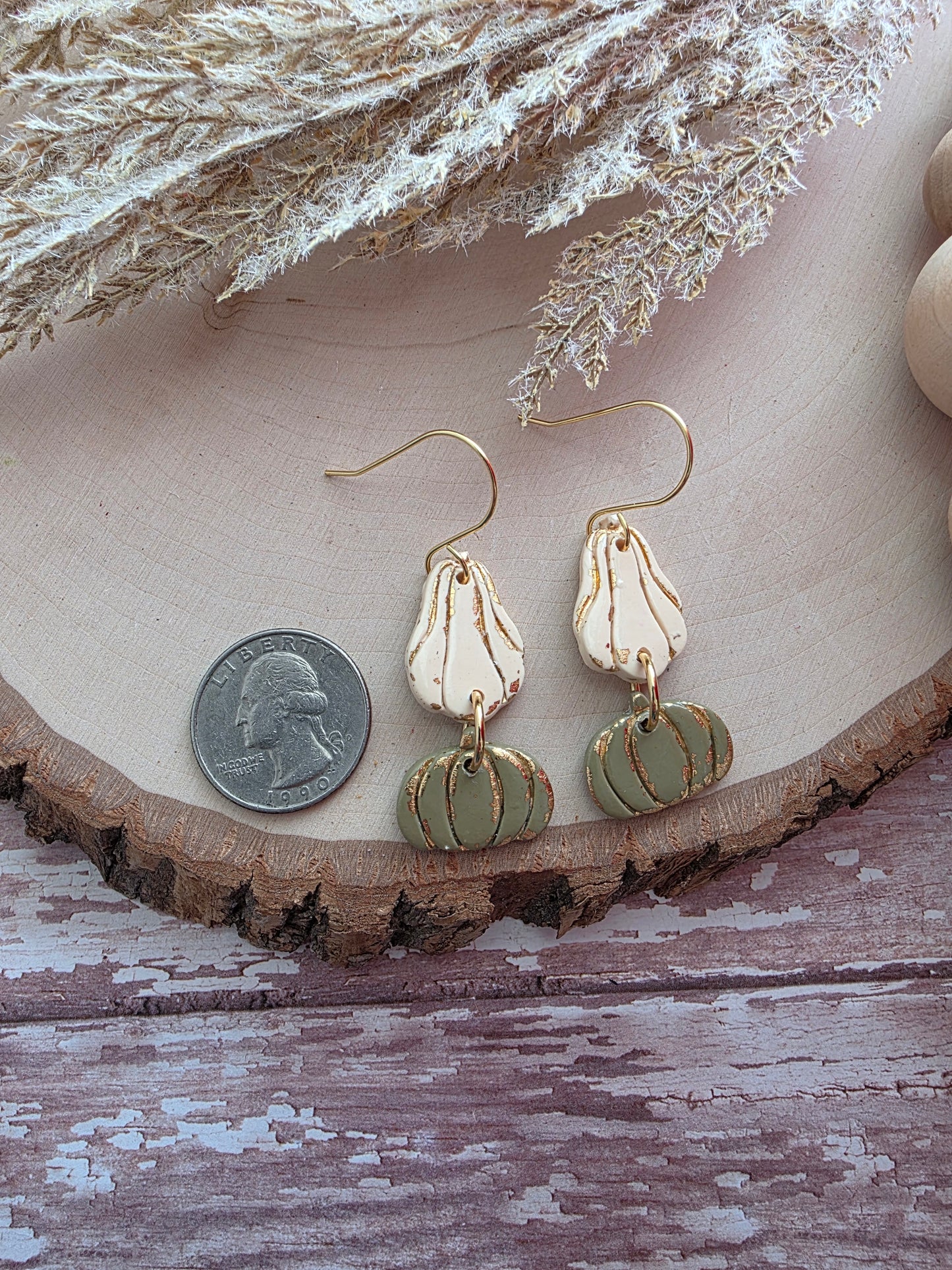Cream & Green Stacked Goard Earrings - Polymer Clay