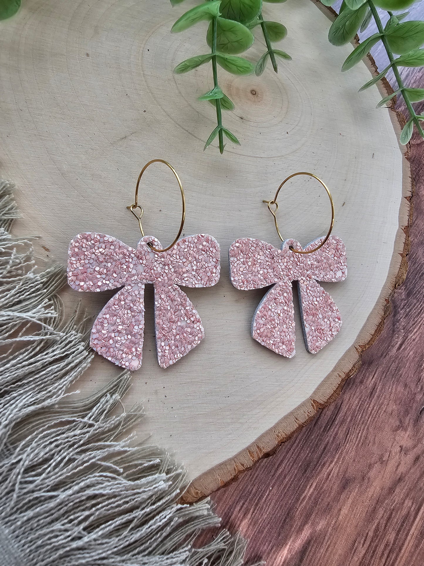 Soft Pink Glitter Bow Earrings