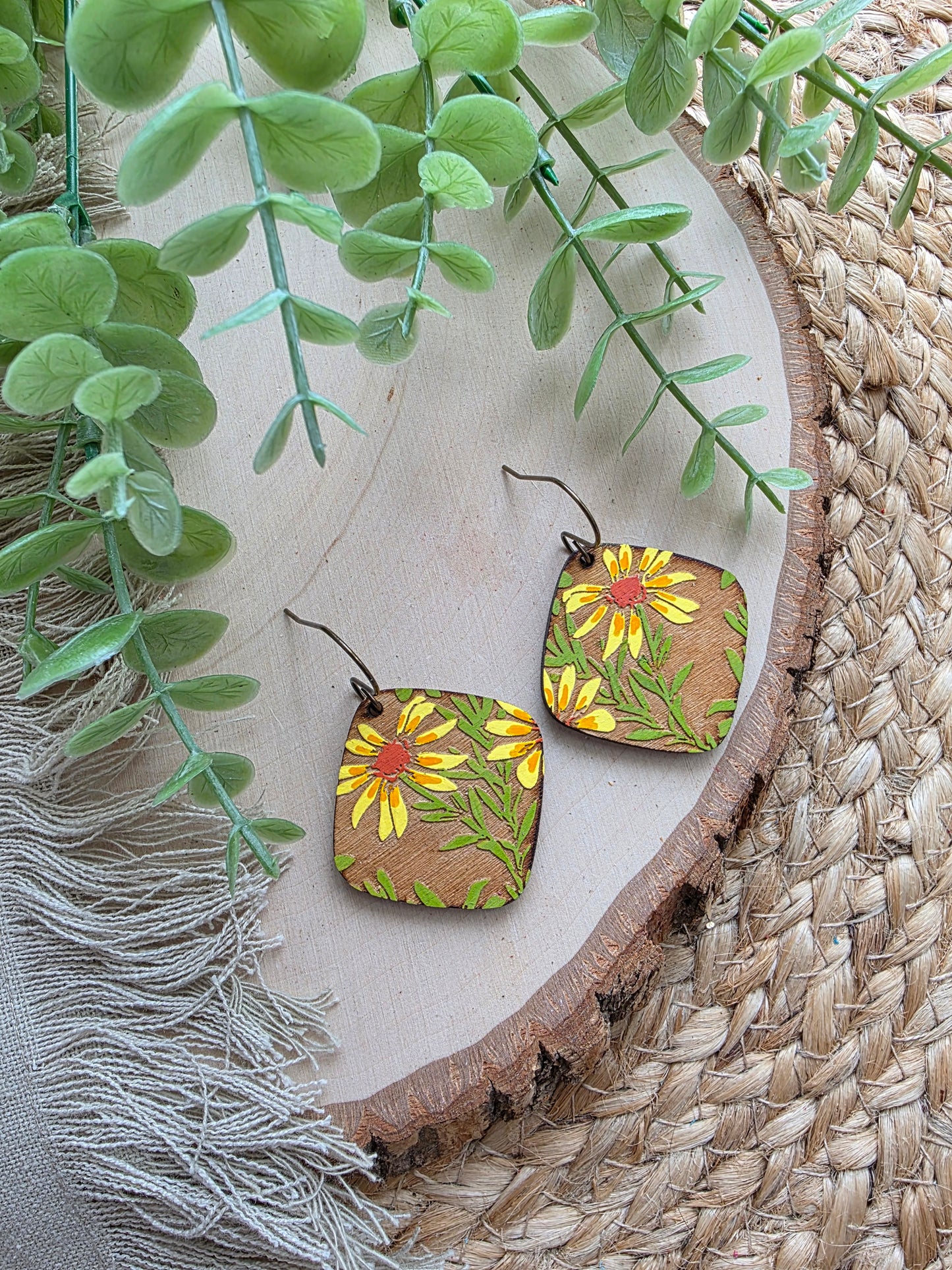 Handpainted Floral Wood Earrings