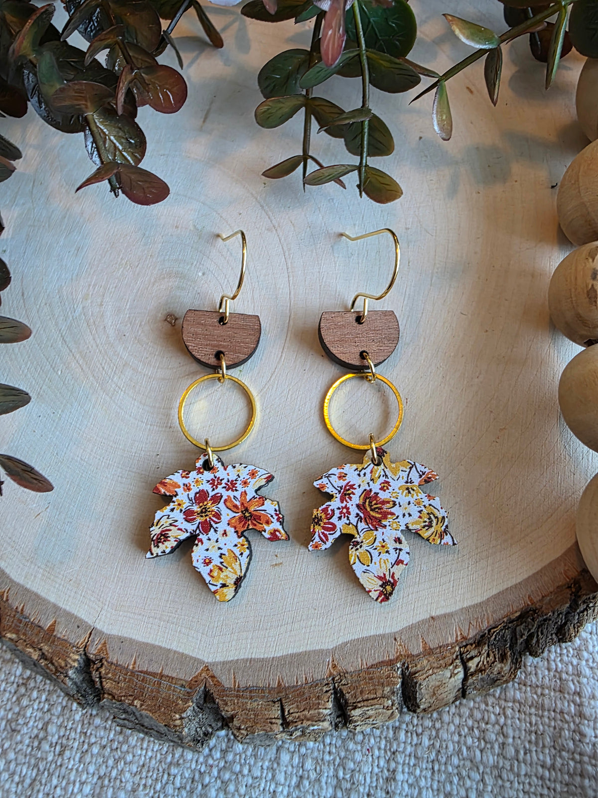 Vintage Floral Maple Leaf Dangle Earrings