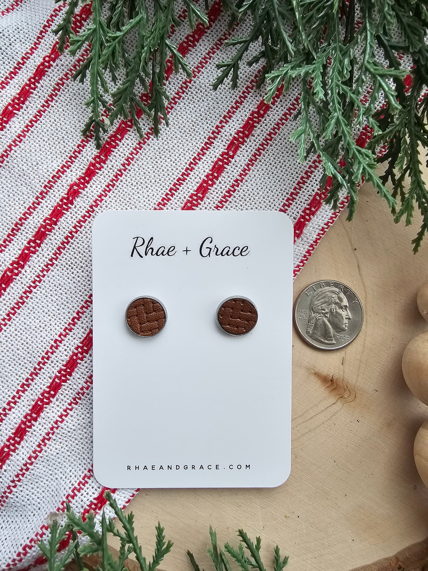 Brown Weave Embossed Stud Earrings - 12mm