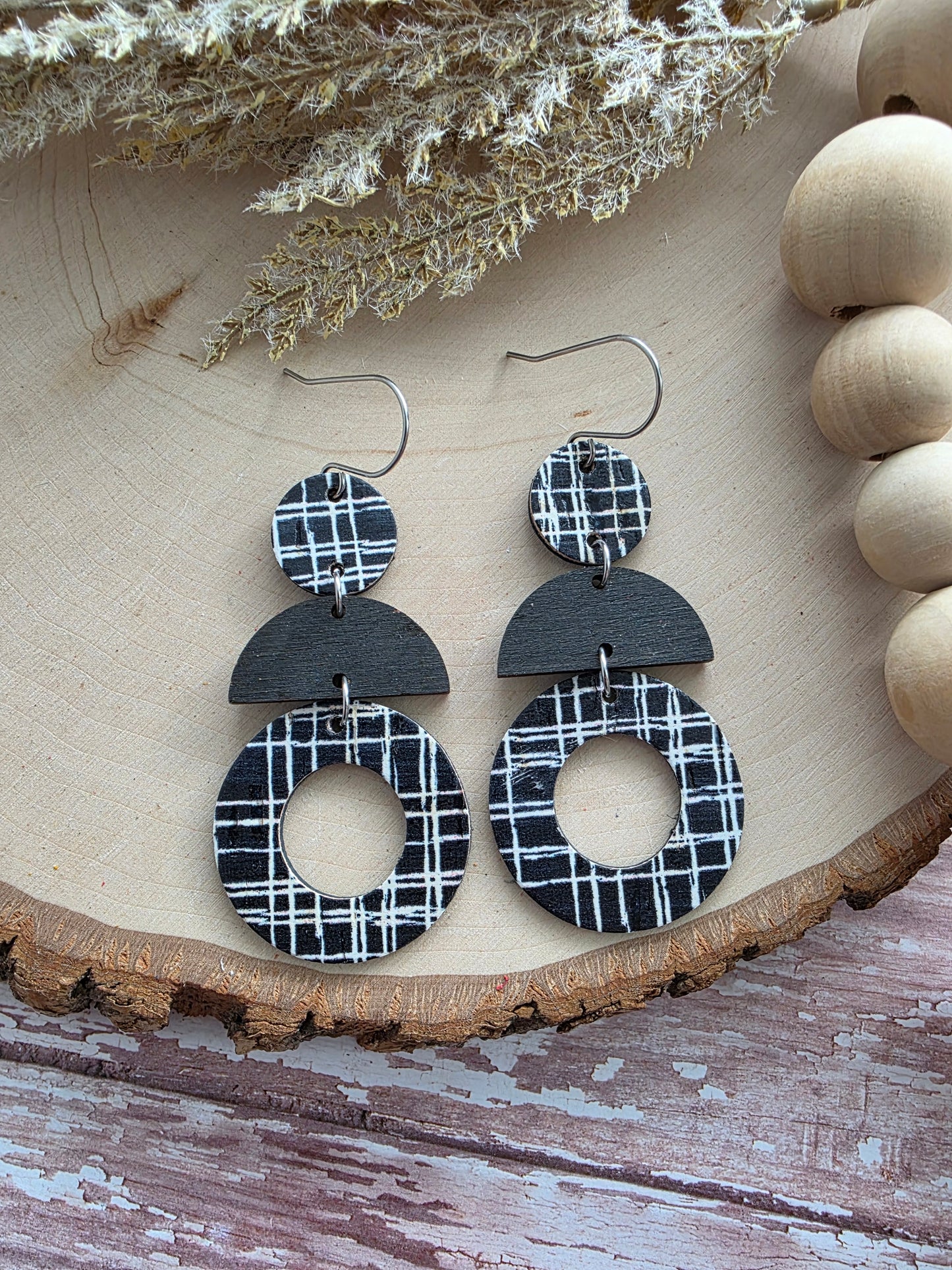 Black & White Criss-cross Geometric Circle Stacked Earrings