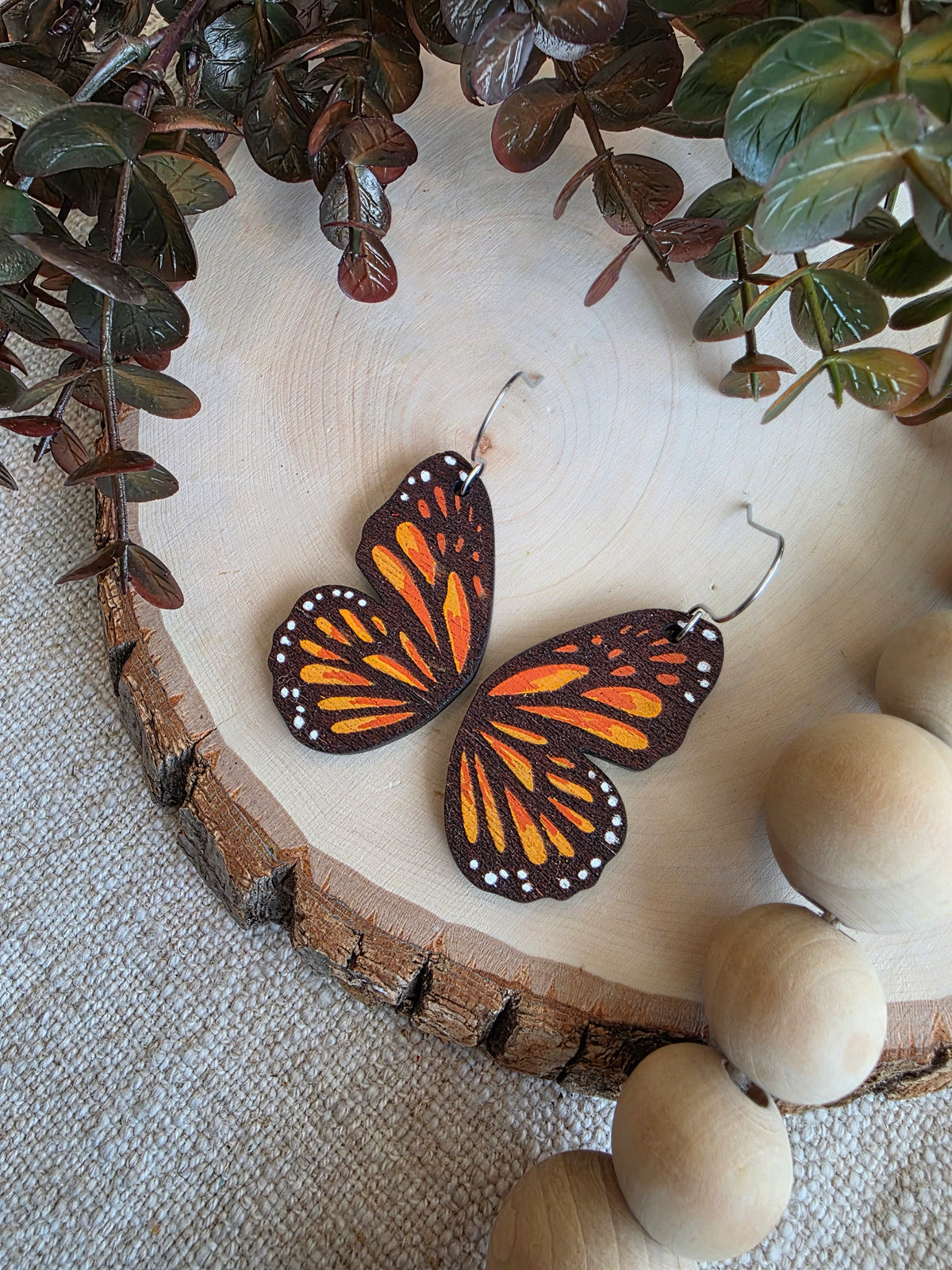 Monarch Butterfly Wing Wood Earrings