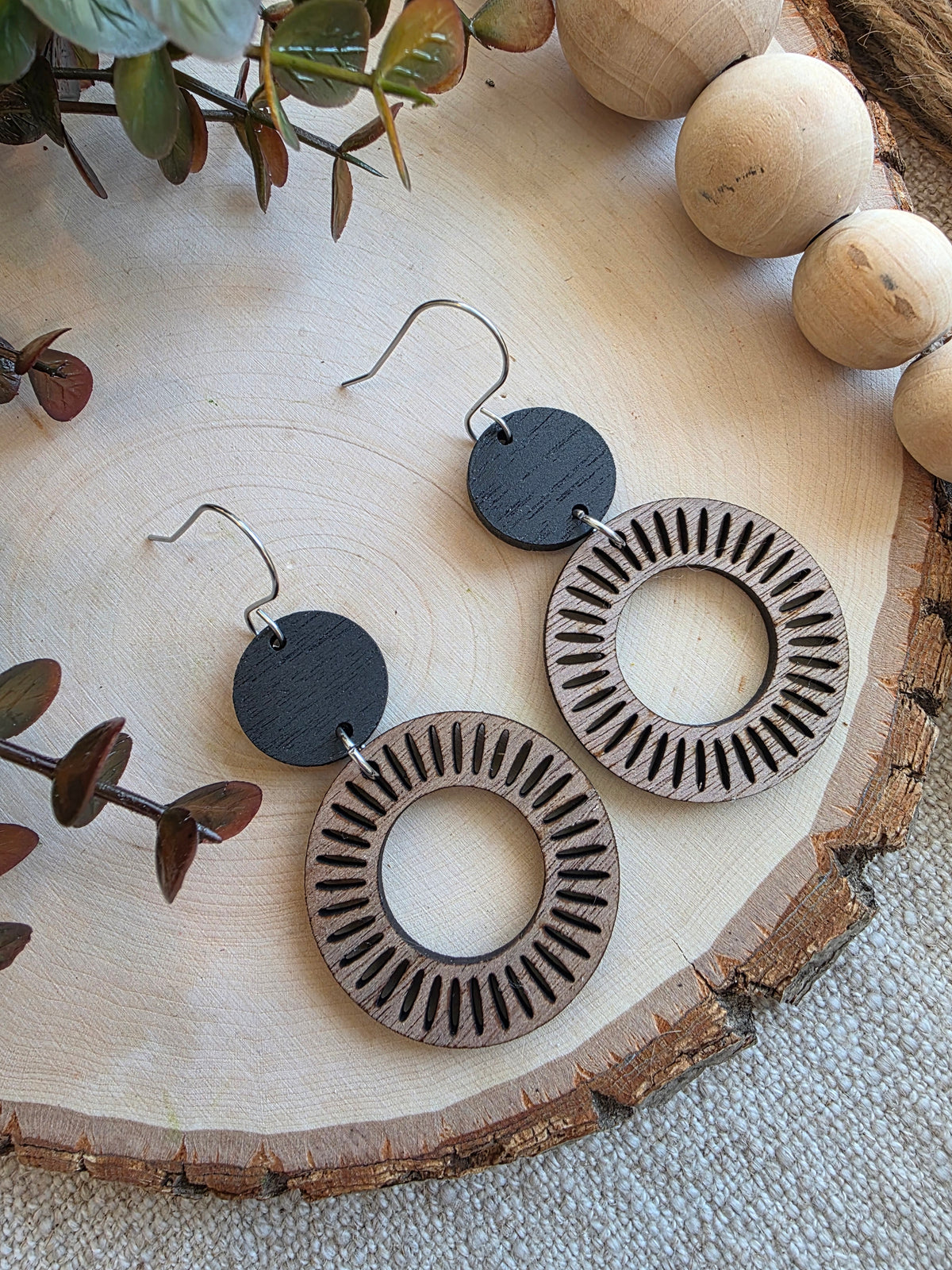 Wood Sunburst Hoop Earrings