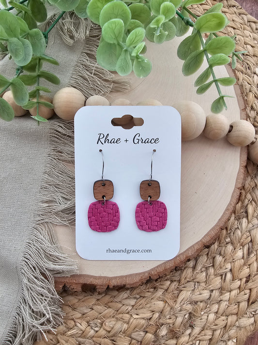 Hot Pink Knit Embossed Braid Rounded Square Earrings