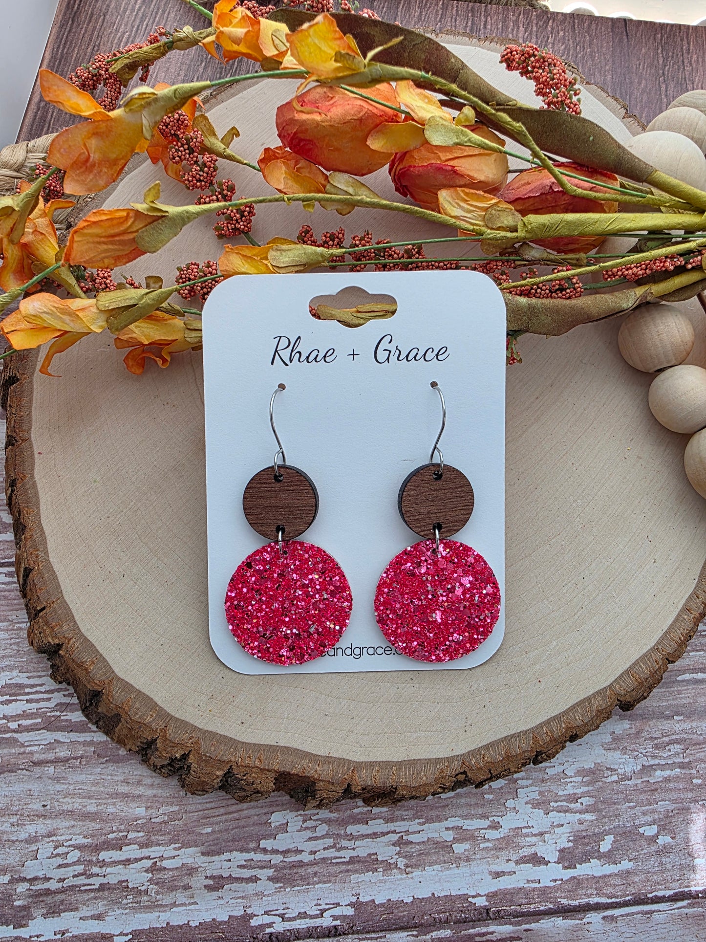 Coral Glitter Circle Drop Earrings