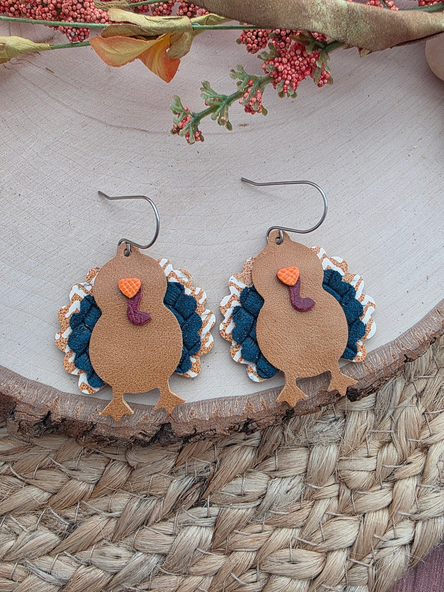 Mustard Chevron & Teal Turkey Earrings