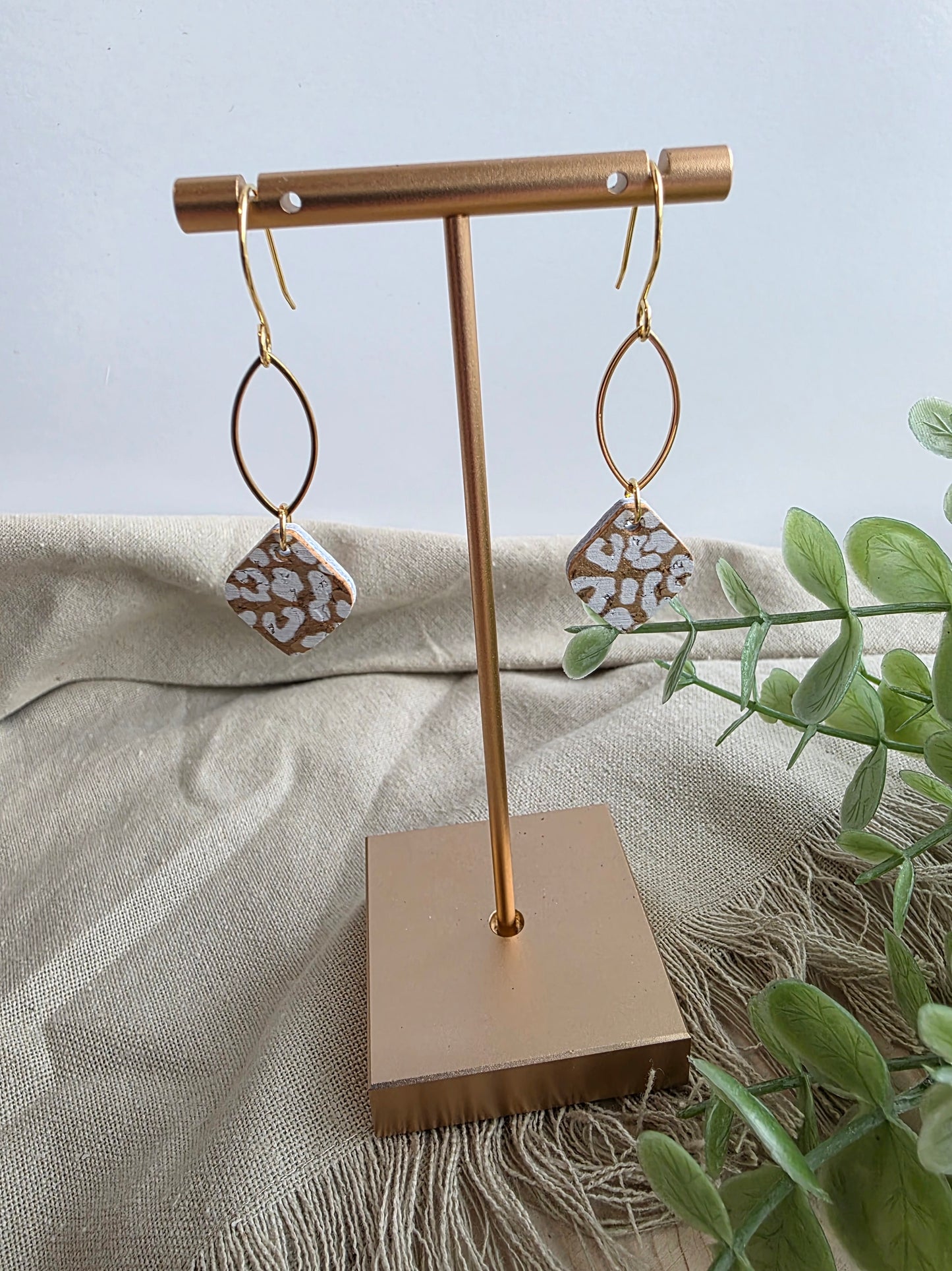 Dainty Gold & White Leopard Print Diamon Drop Earrings