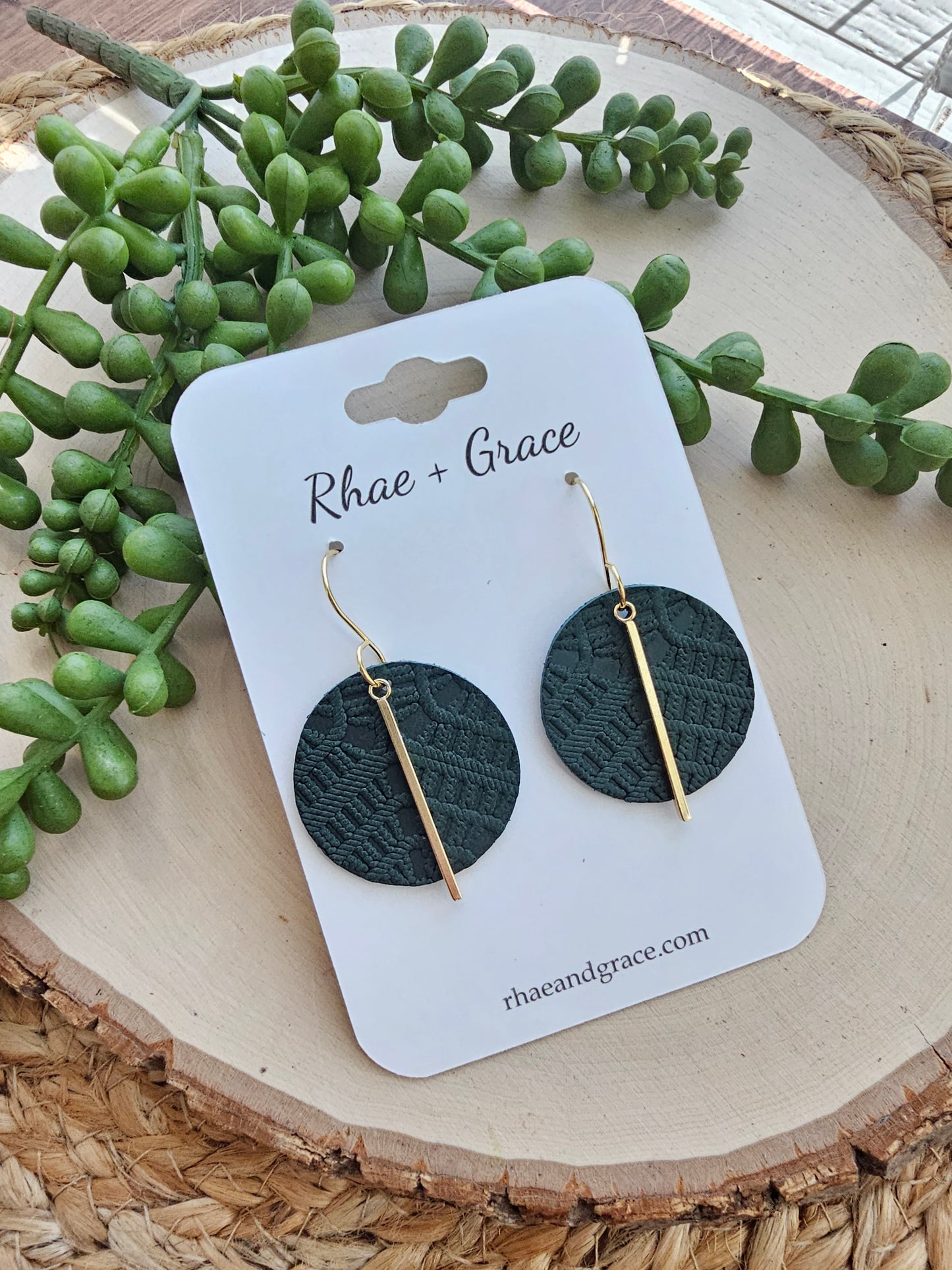 Forest Green & Gold Embossed Circle Drop Earrings