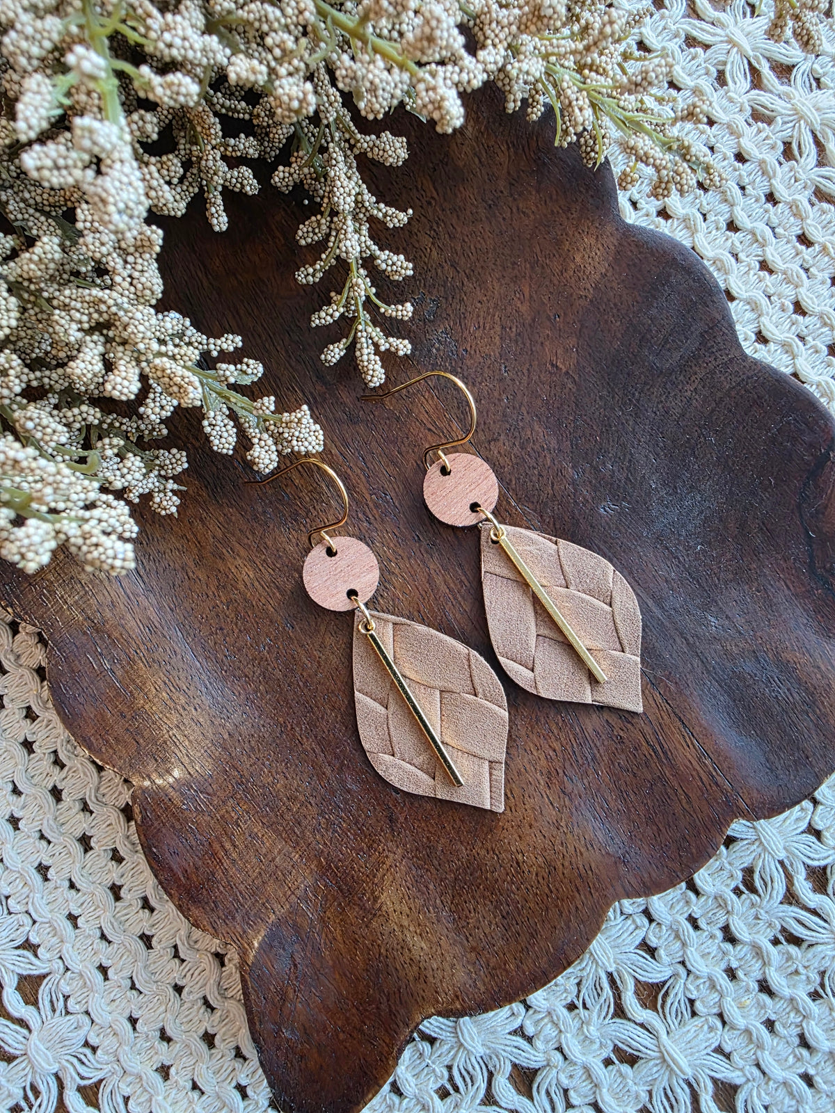 Brown Braided Pointed Petal Earrings