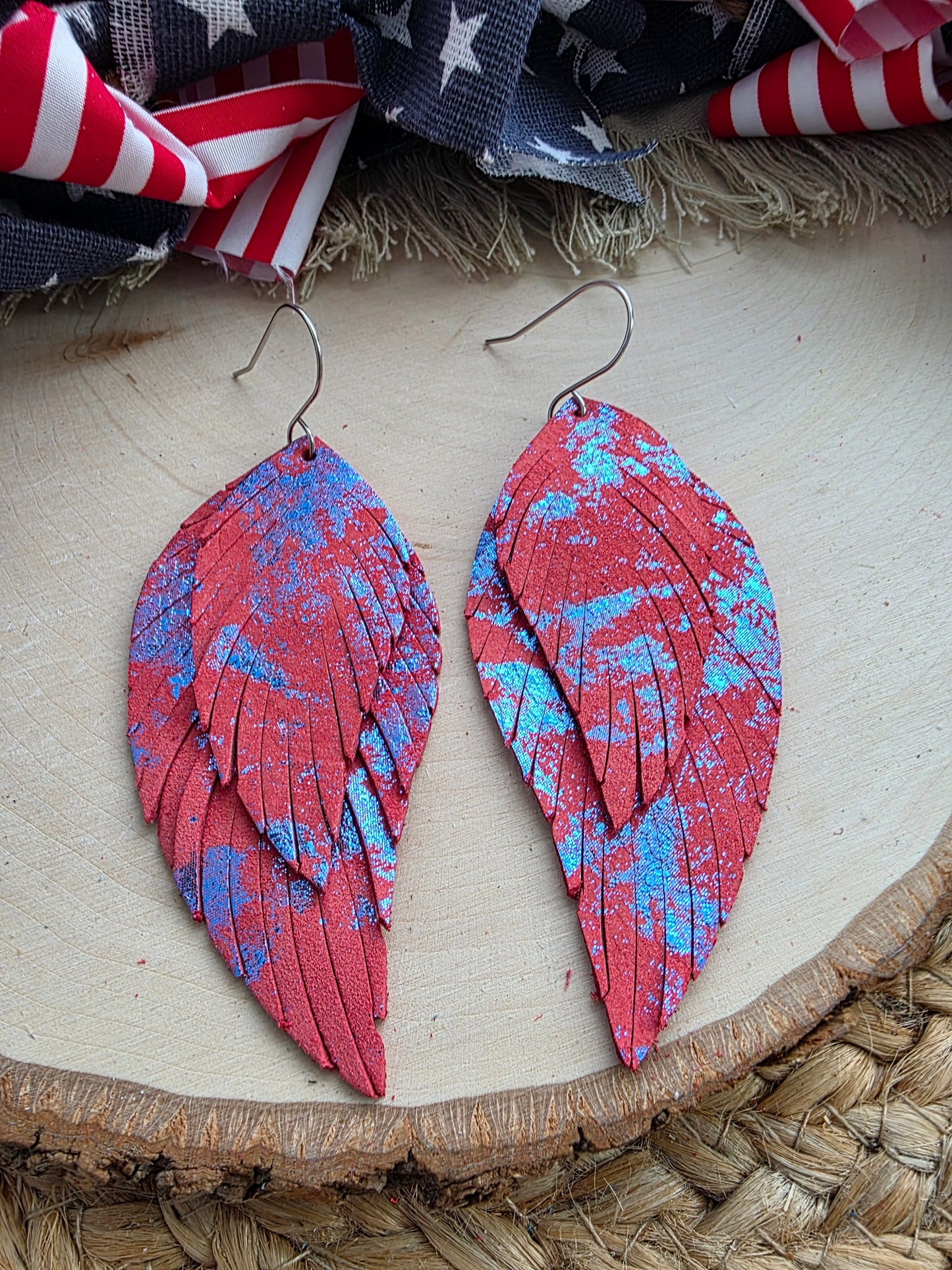 Red & Metallic Blue Fringe Feather Earrings