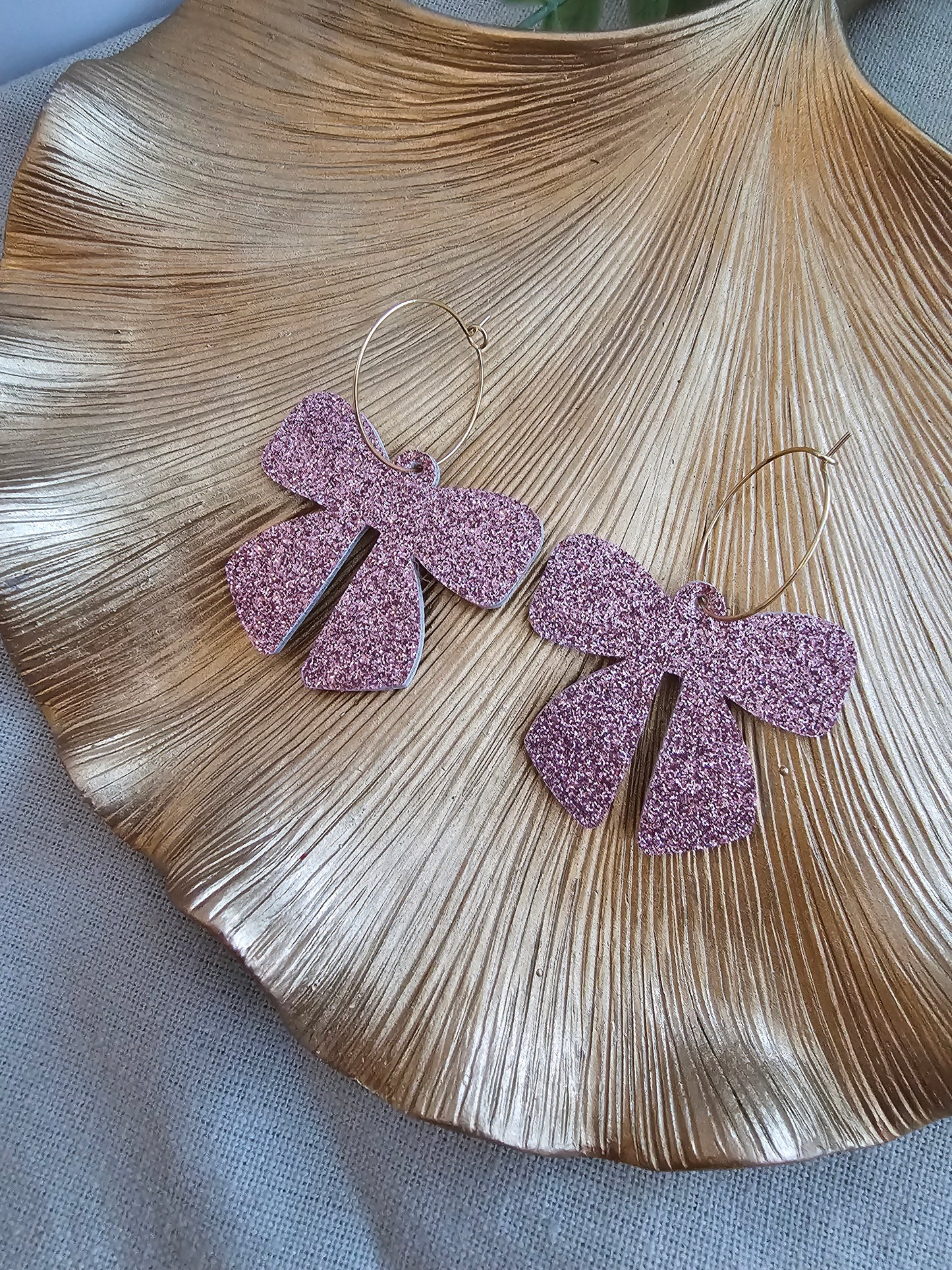 Rose Pink Glitter Bow Earrings