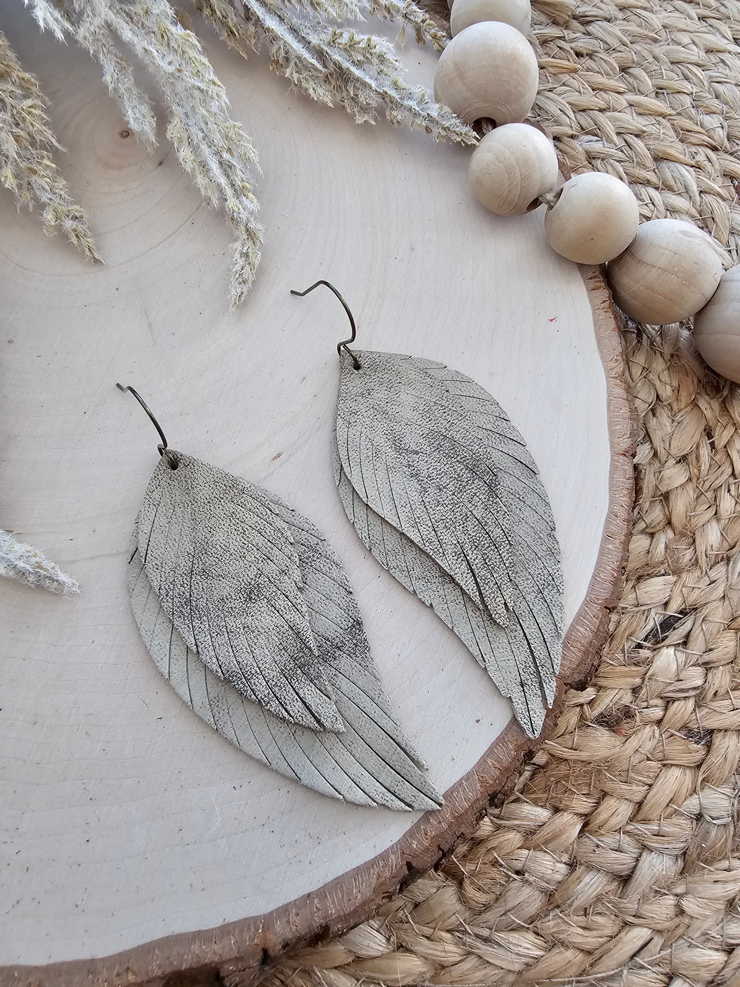 Distressed Tan Boho Fringe Feather Earrings