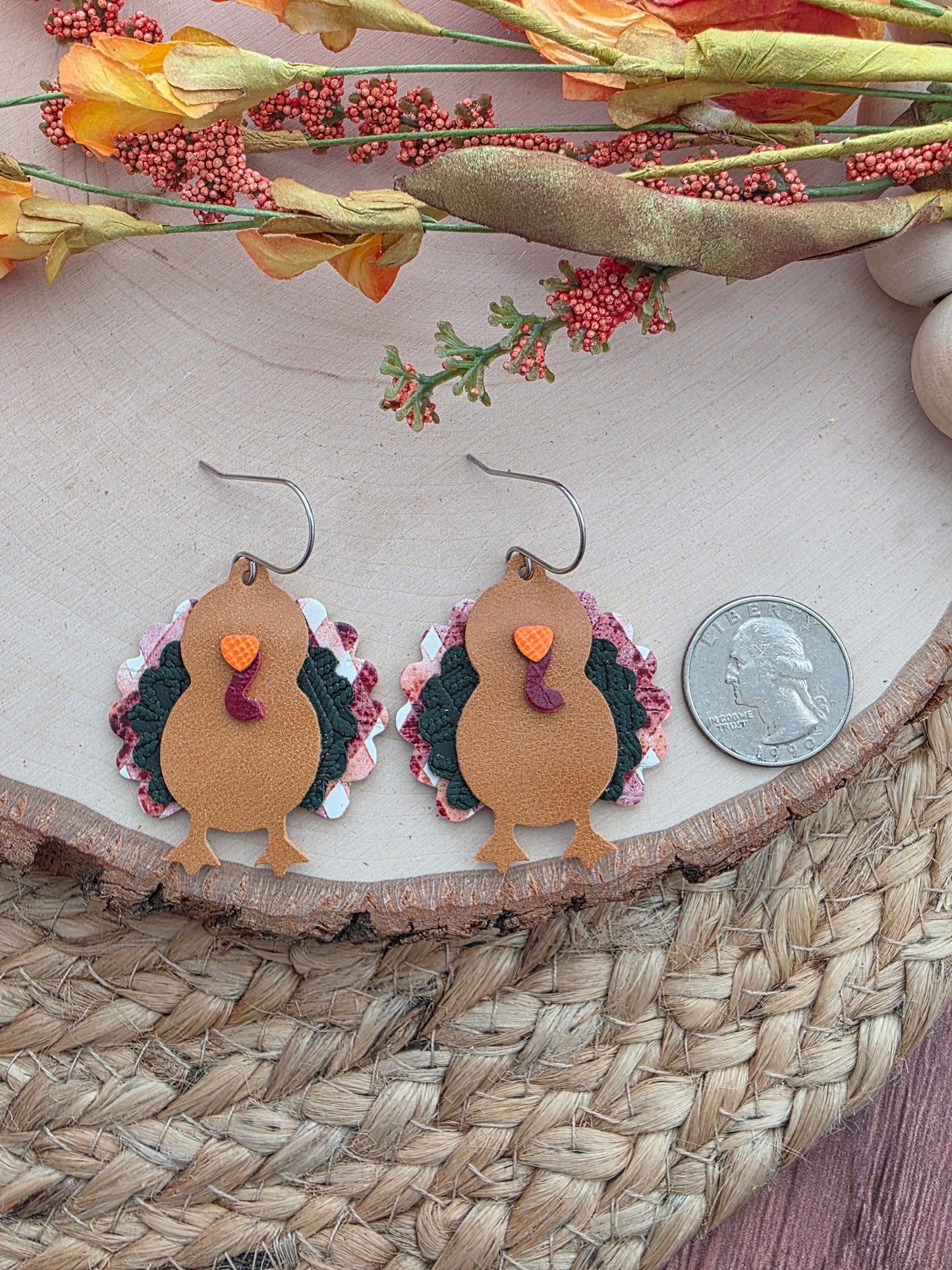 Burgundy Plaid & Green Turkey Earrings