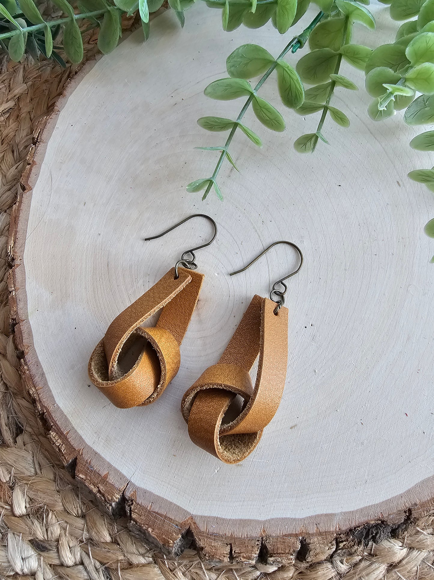 Honey Brown Wide Leather Knot Earrings