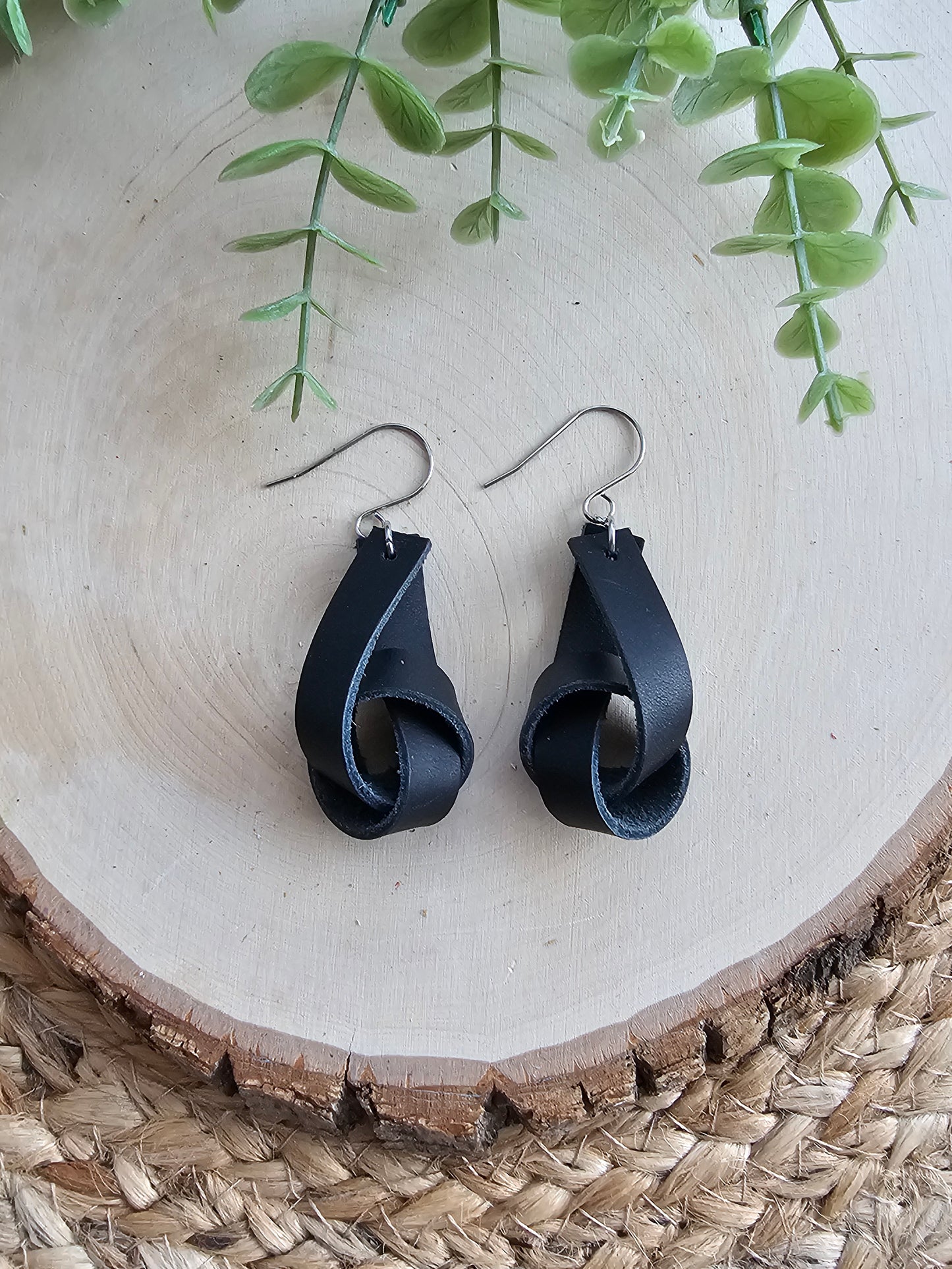 Black Wide Leather Knot Earrings