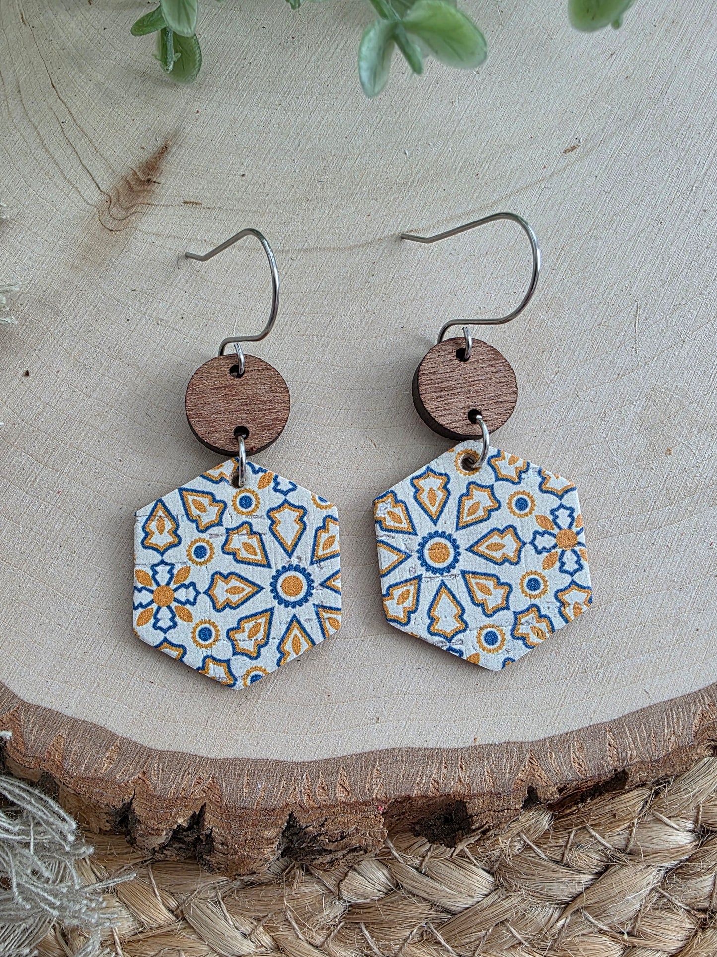 Blue & Yellow Moroccan Tile Hexagon Earrings