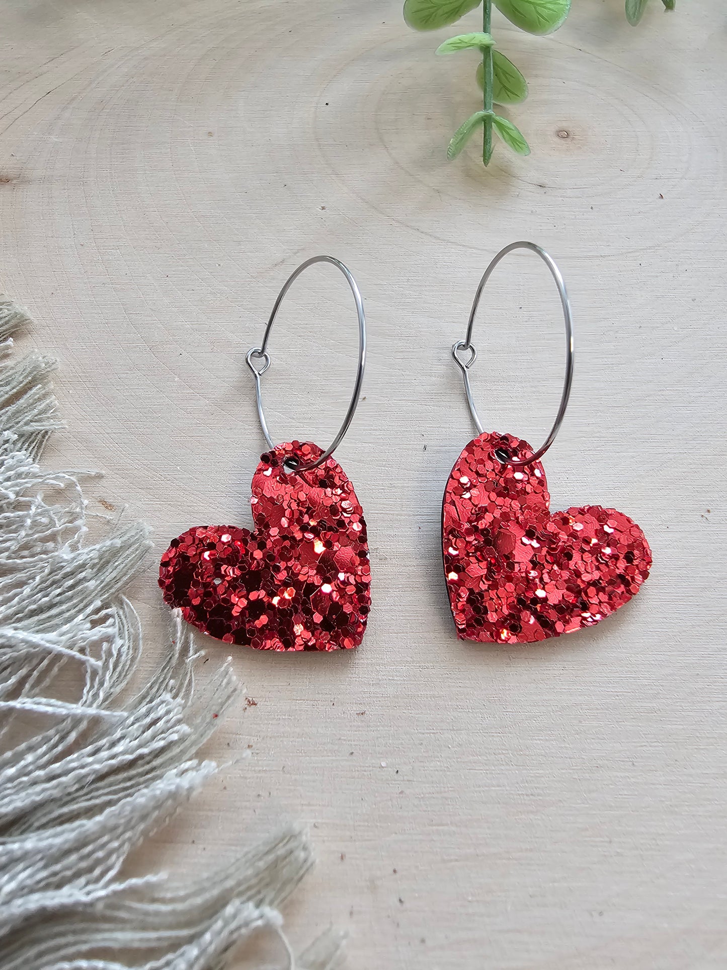 Red Glitter Small Heart Hoop Earrings