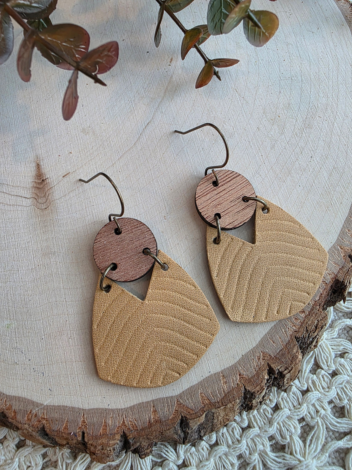 Geometric Boho Embossed Chevron Earrings - Tan