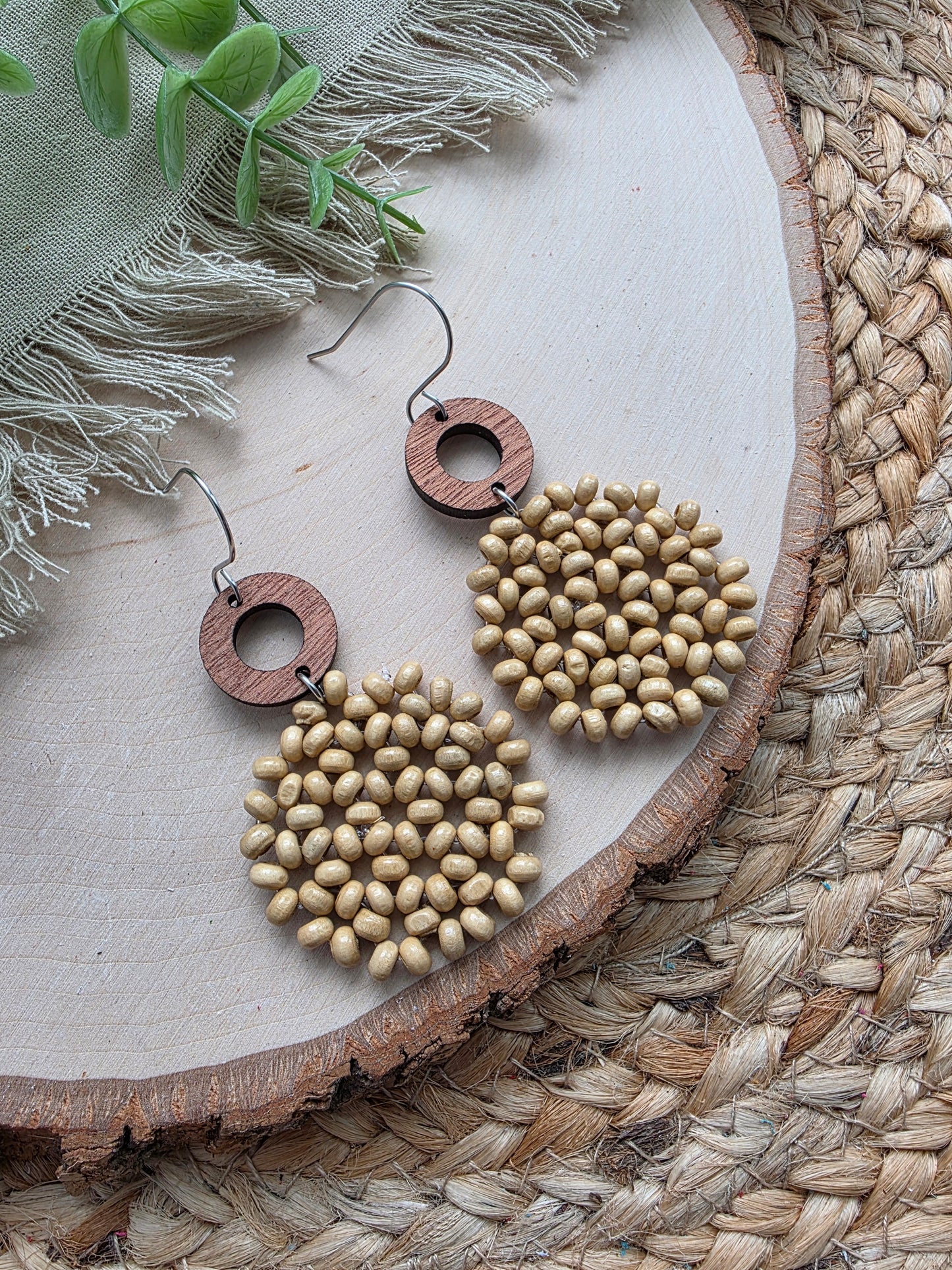 Beige Beaded Circle Earrings