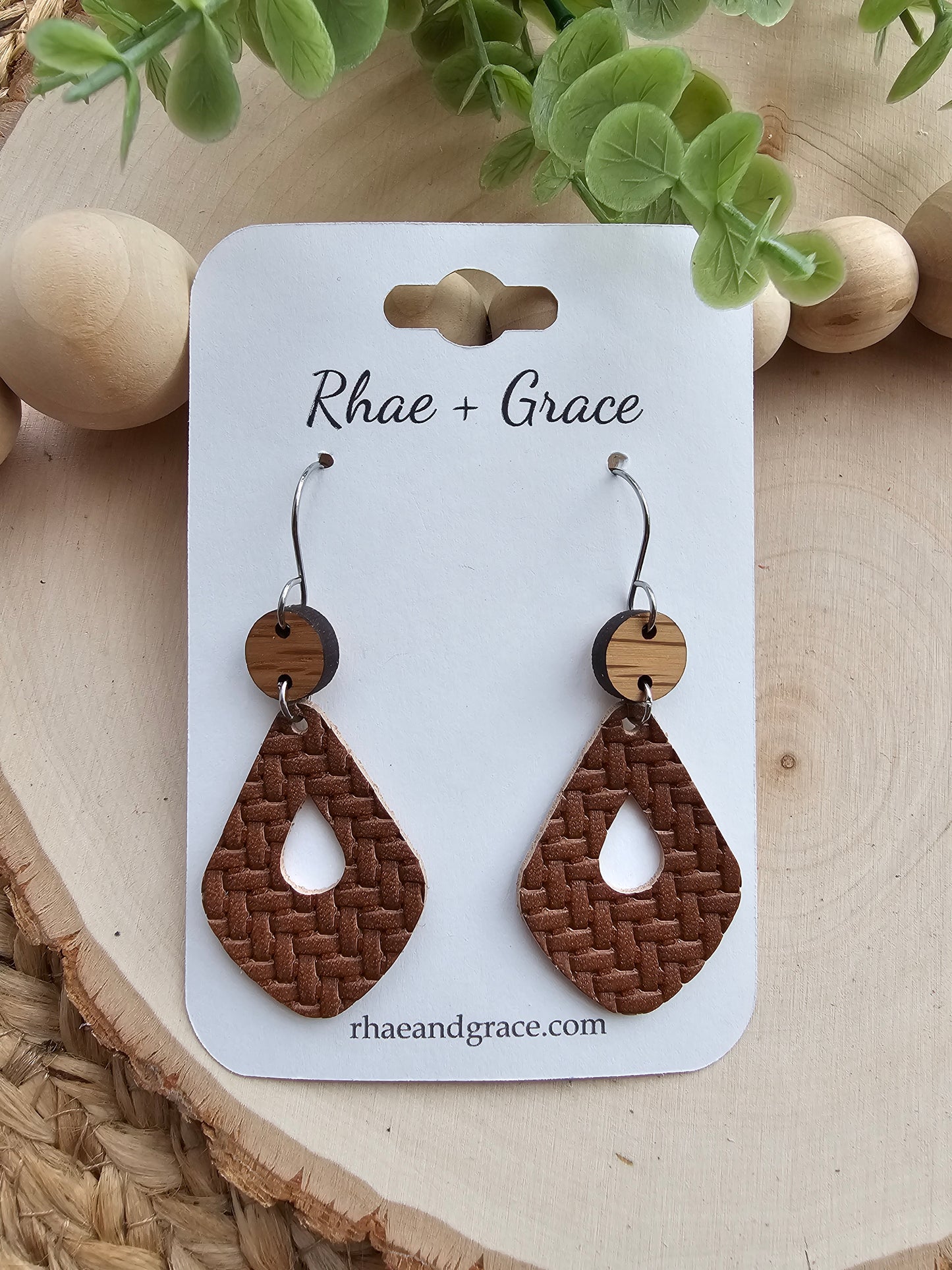 Russet Brown Basket Weave Open Drop Earrings