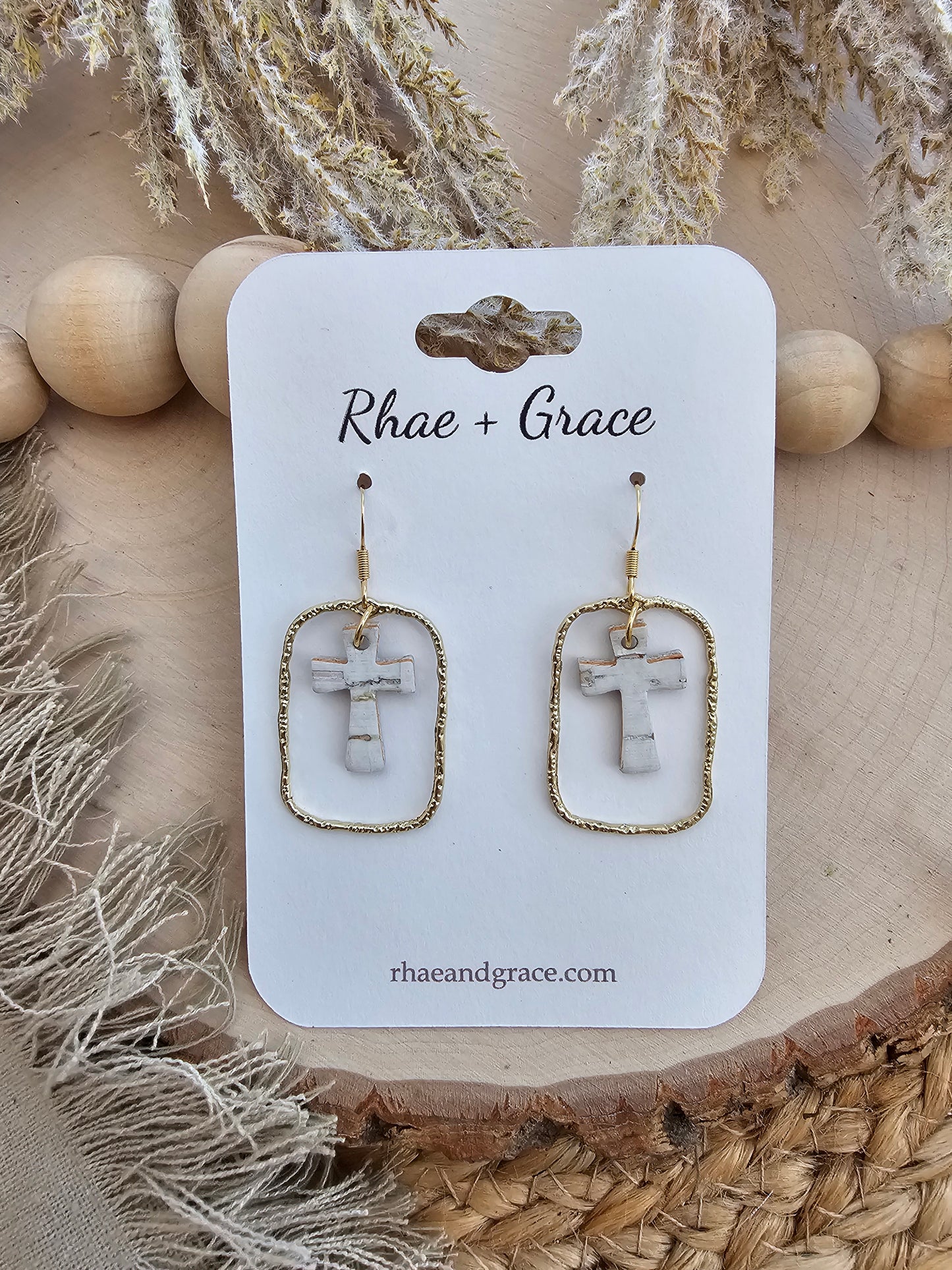 White & Gold Dainty Cross Earrings