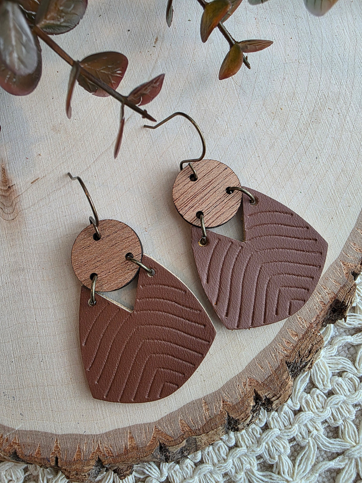 Geometric Boho Embossed Chevron Earrings - Dark Brown