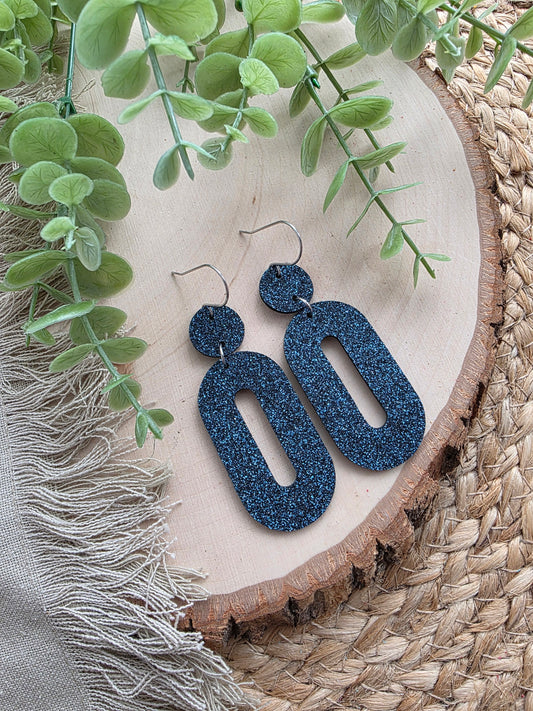 Midnight Blue Glitter Elongated Oval Earrings