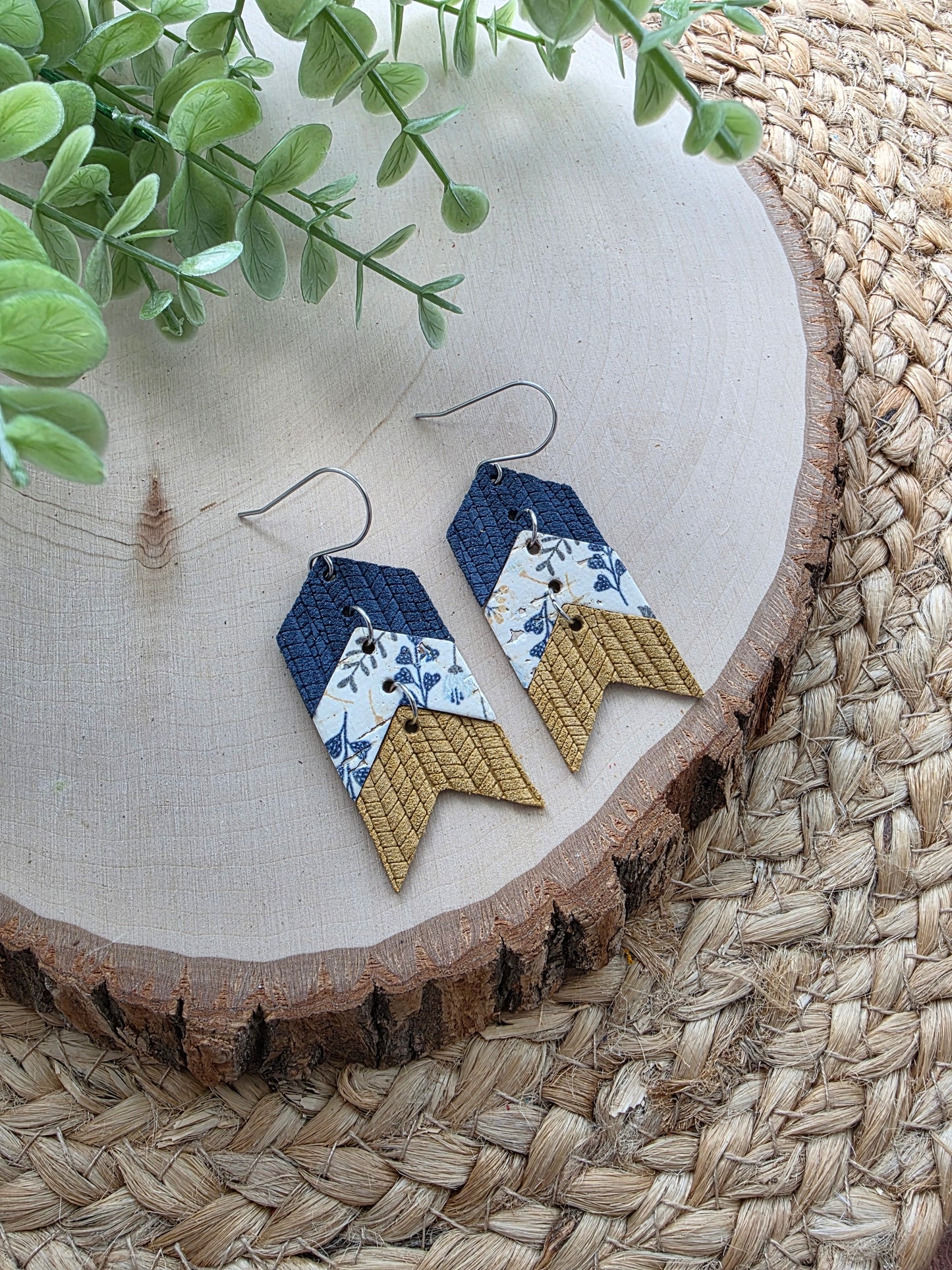 Blue & Mustard Floral Triple Chevron Arrow Earrings