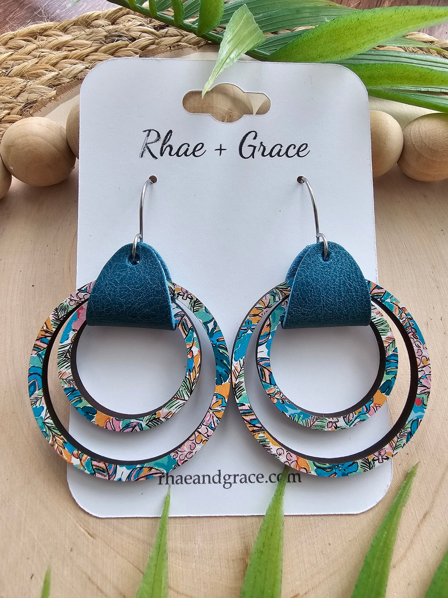 Tropical Leather & Wood Hoop Earrings