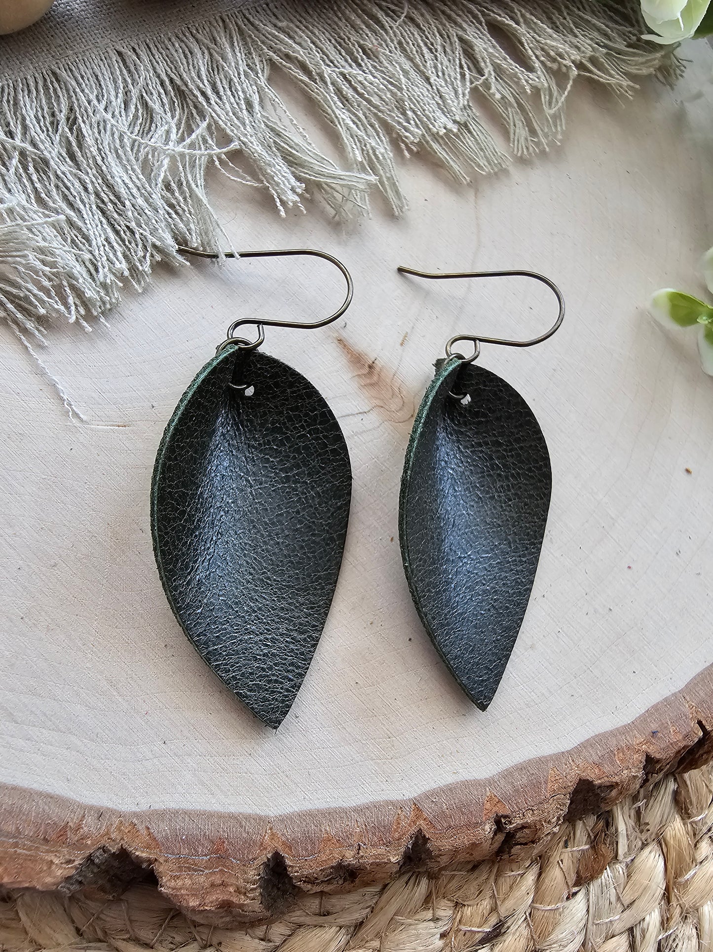 Deep Green Pinched Petal Earrings - Small (2")