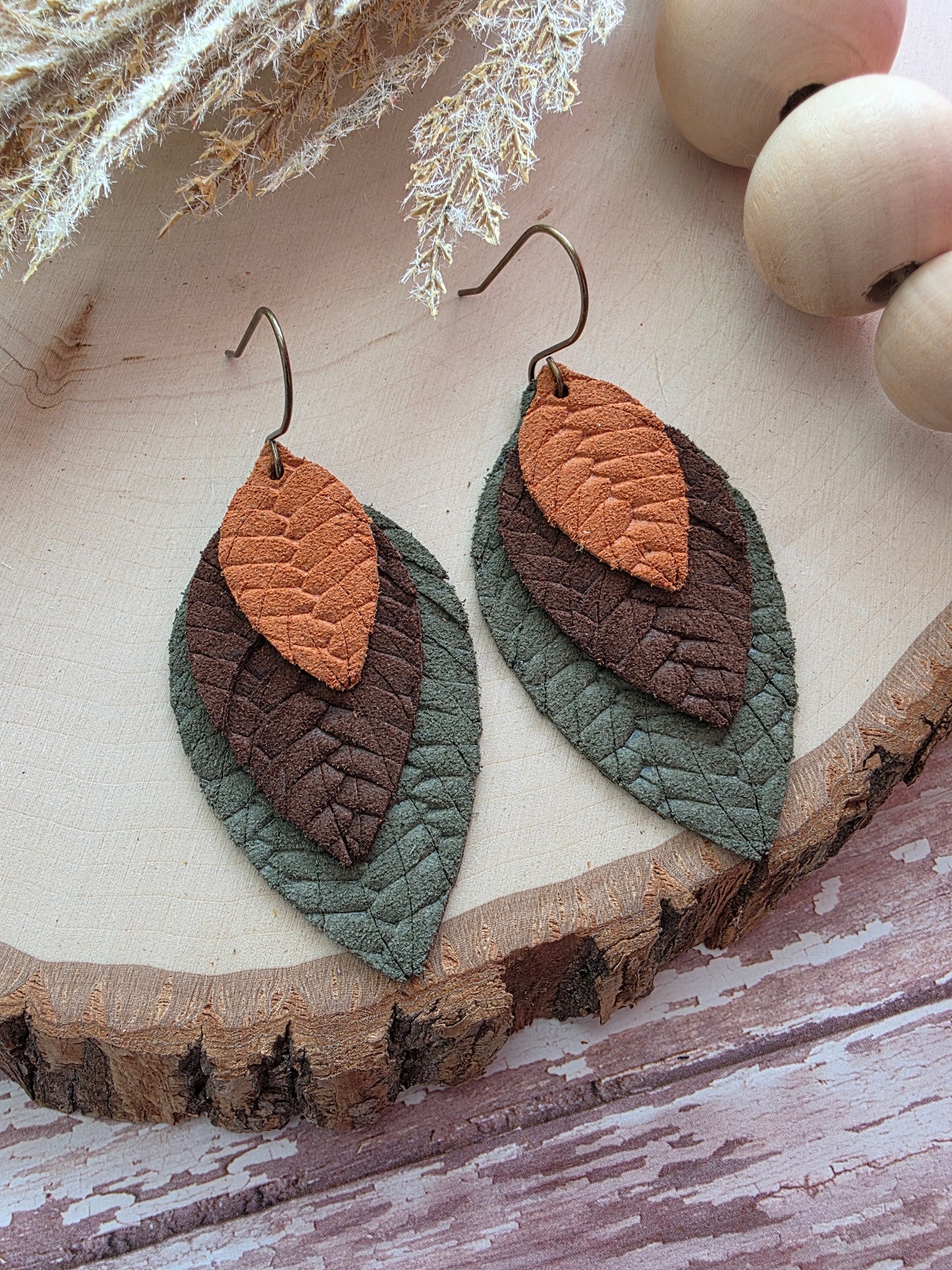 Green & Brown Layered Fringe Feather Earrings