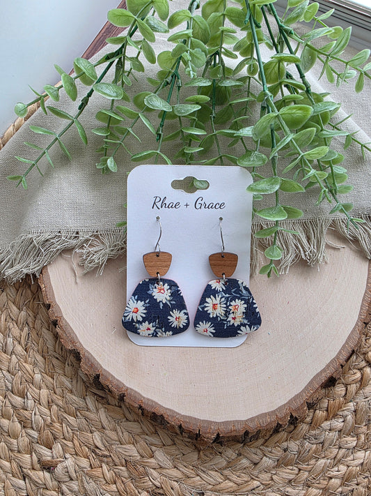 Navy Blue Daisy Rounded Trapezoid Earrings